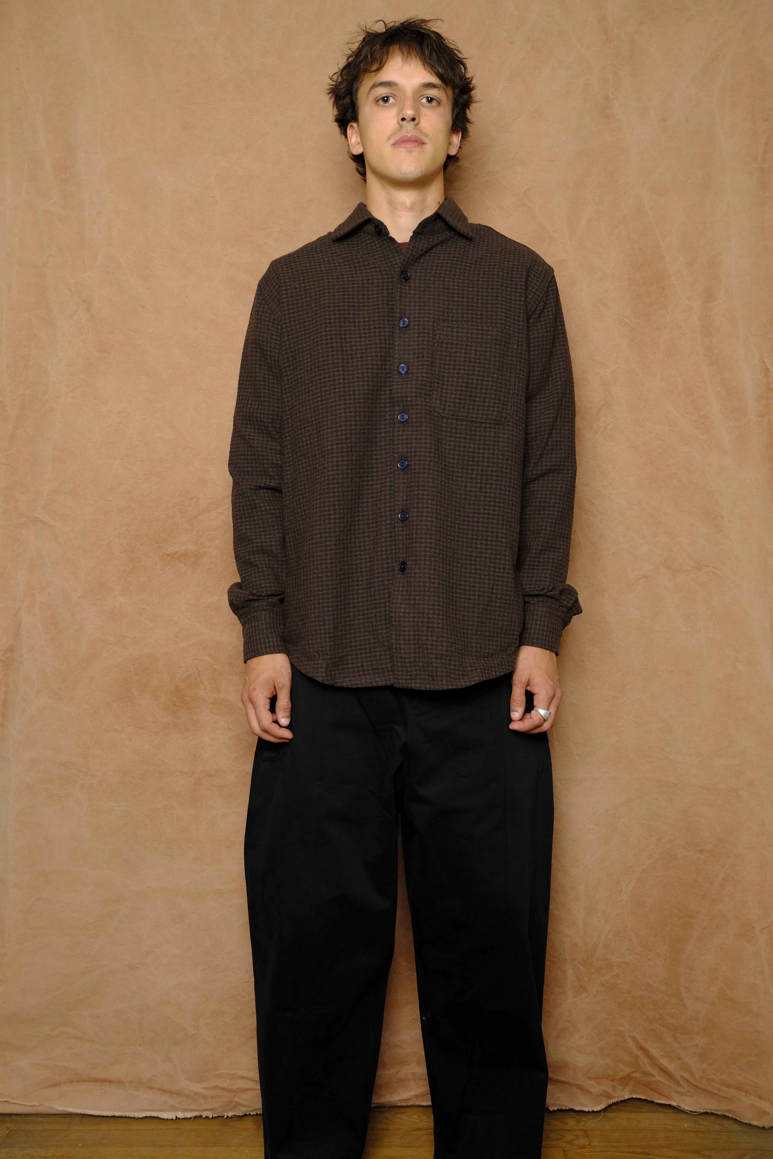 wooly gingham one pocket shirt in brown