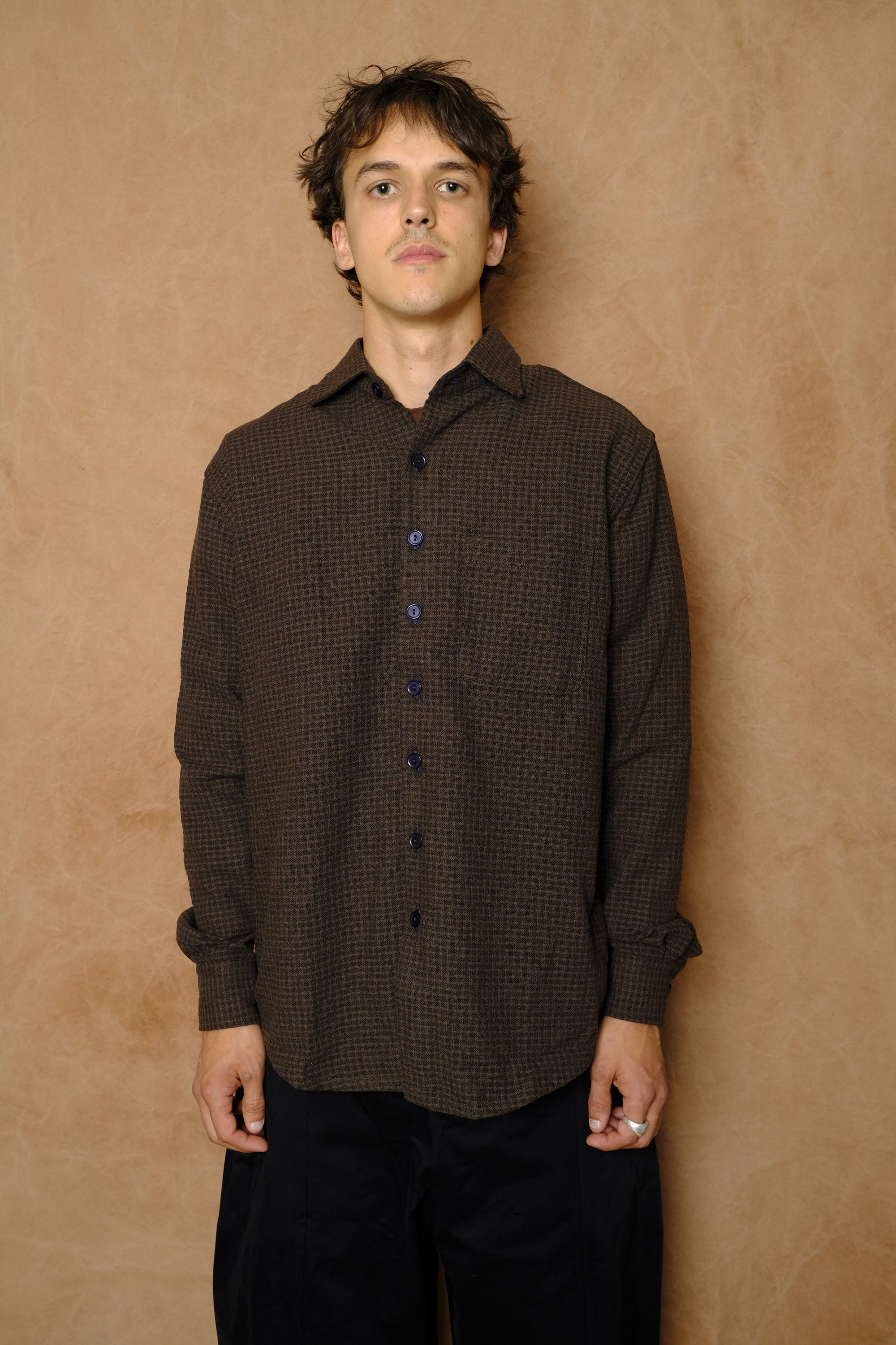 wooly gingham one pocket shirt in brown