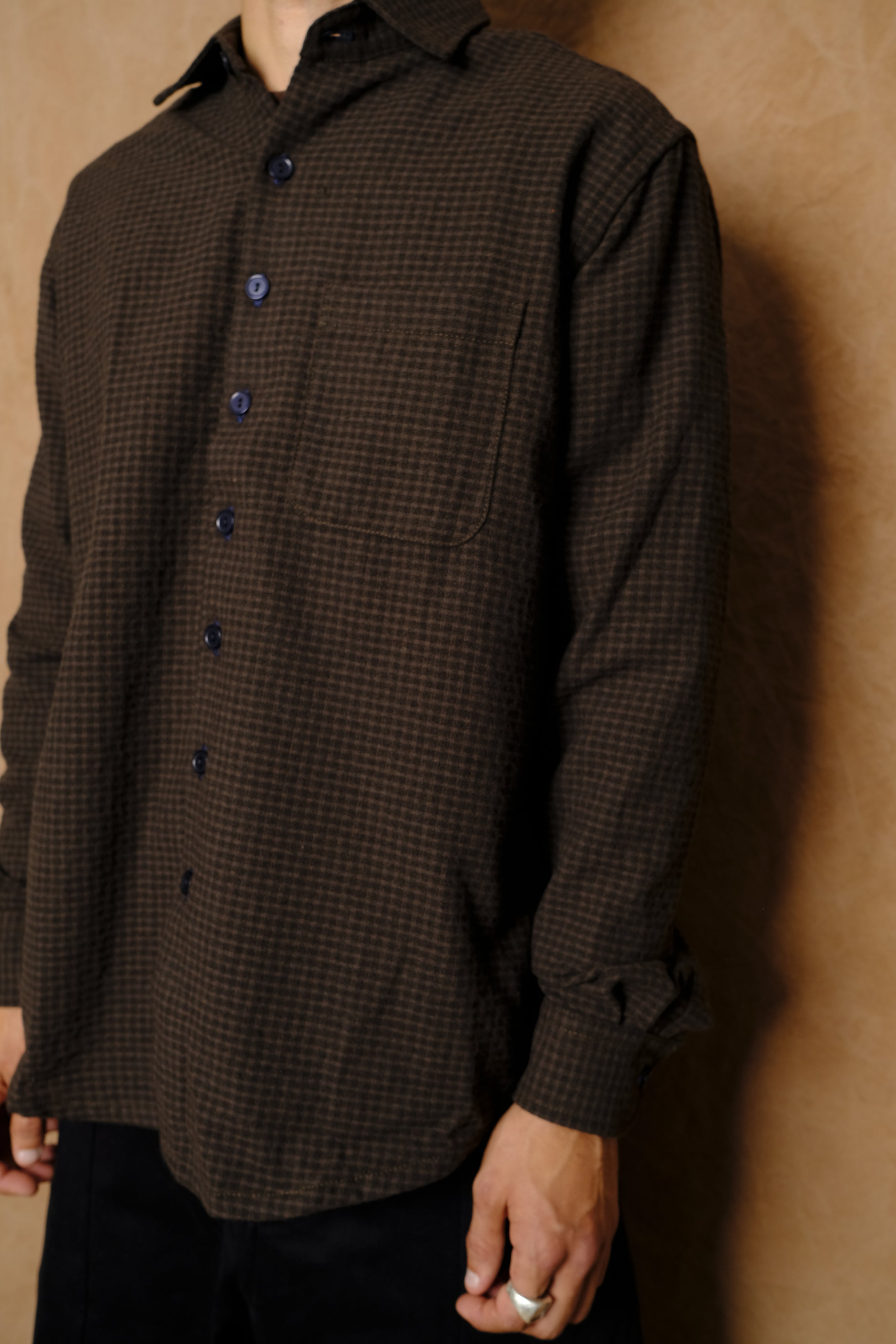 wooly gingham one pocket shirt in brown