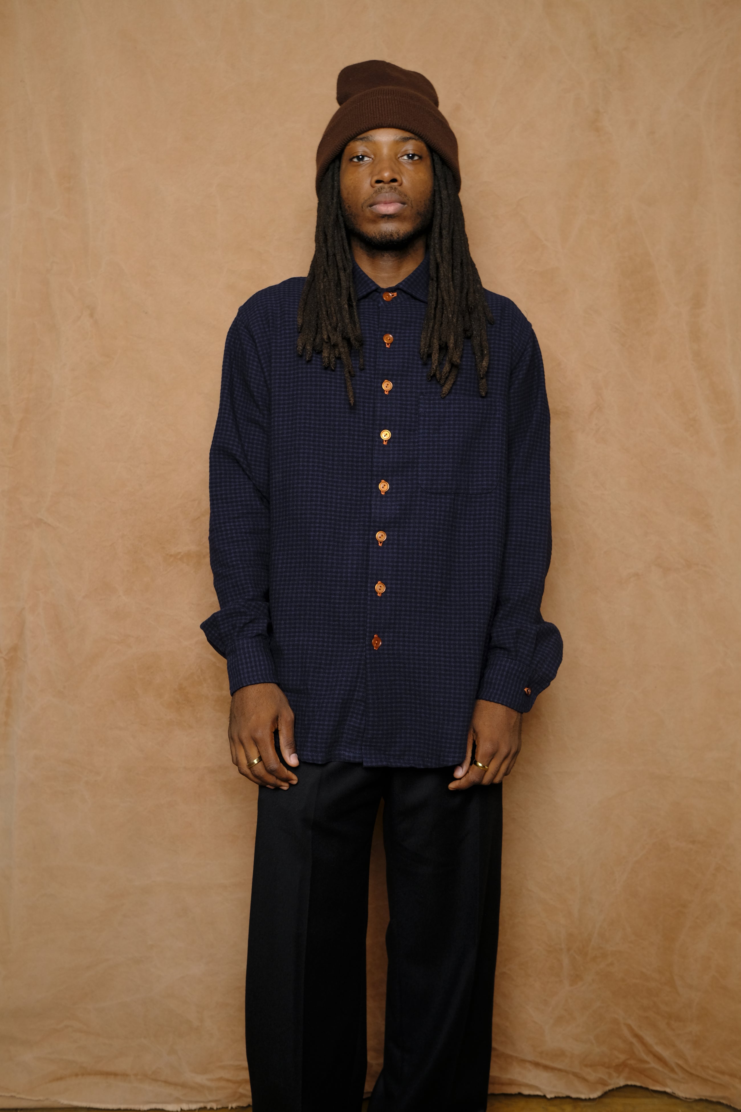 wooly gingham one pocket shirt in navy