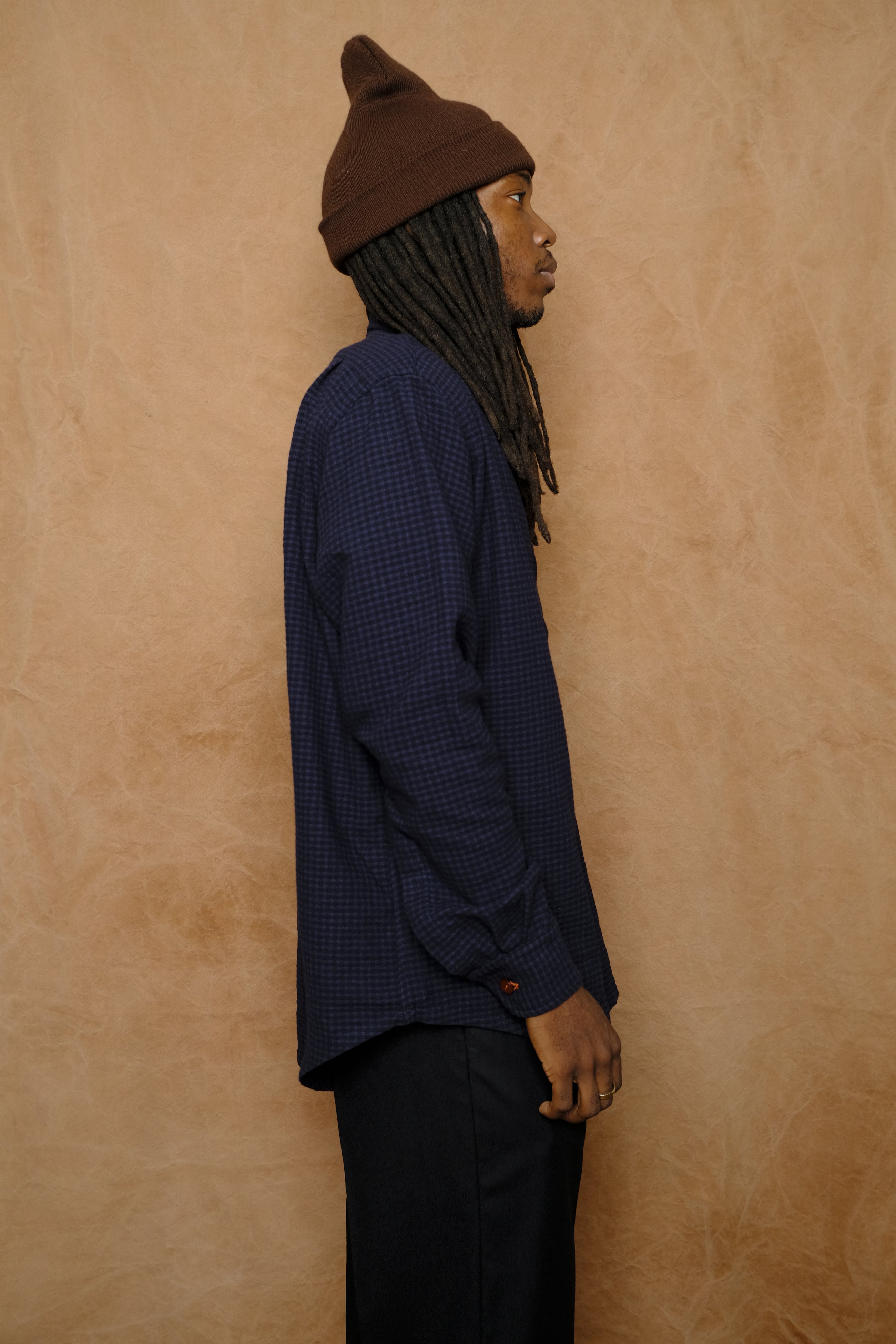 wooly gingham one pocket shirt in navy