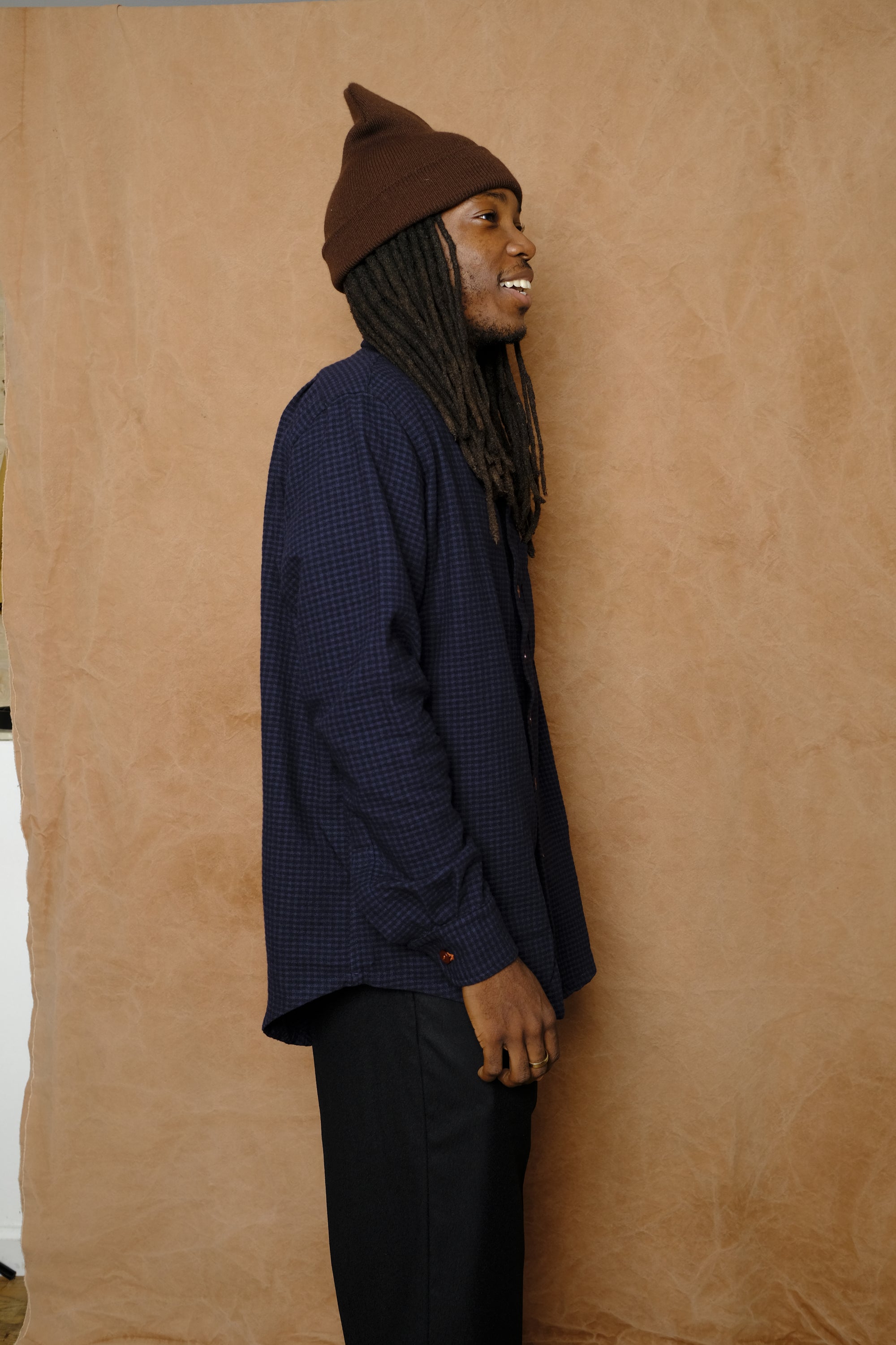 wooly gingham one pocket shirt in navy
