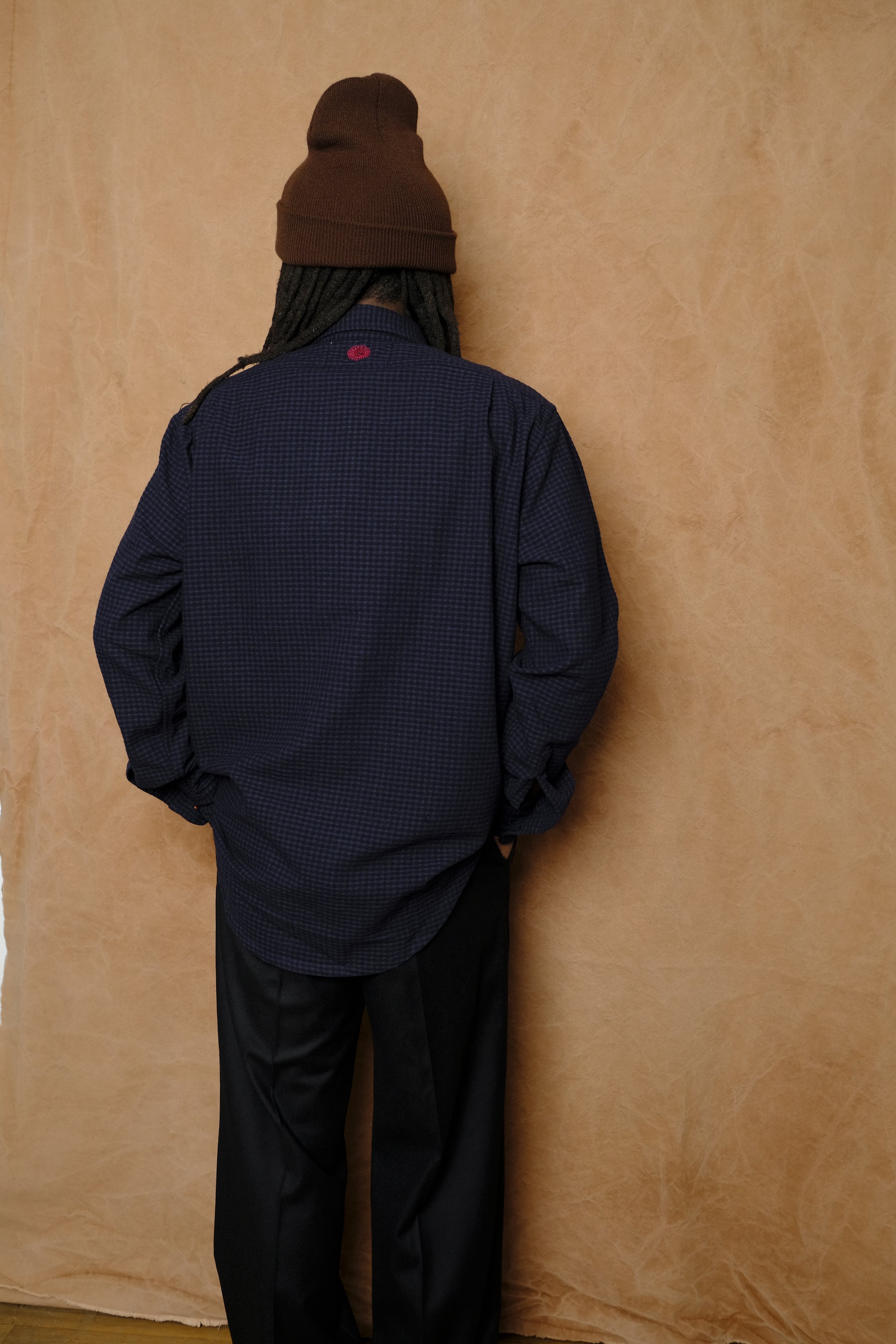 wooly gingham one pocket shirt in navy