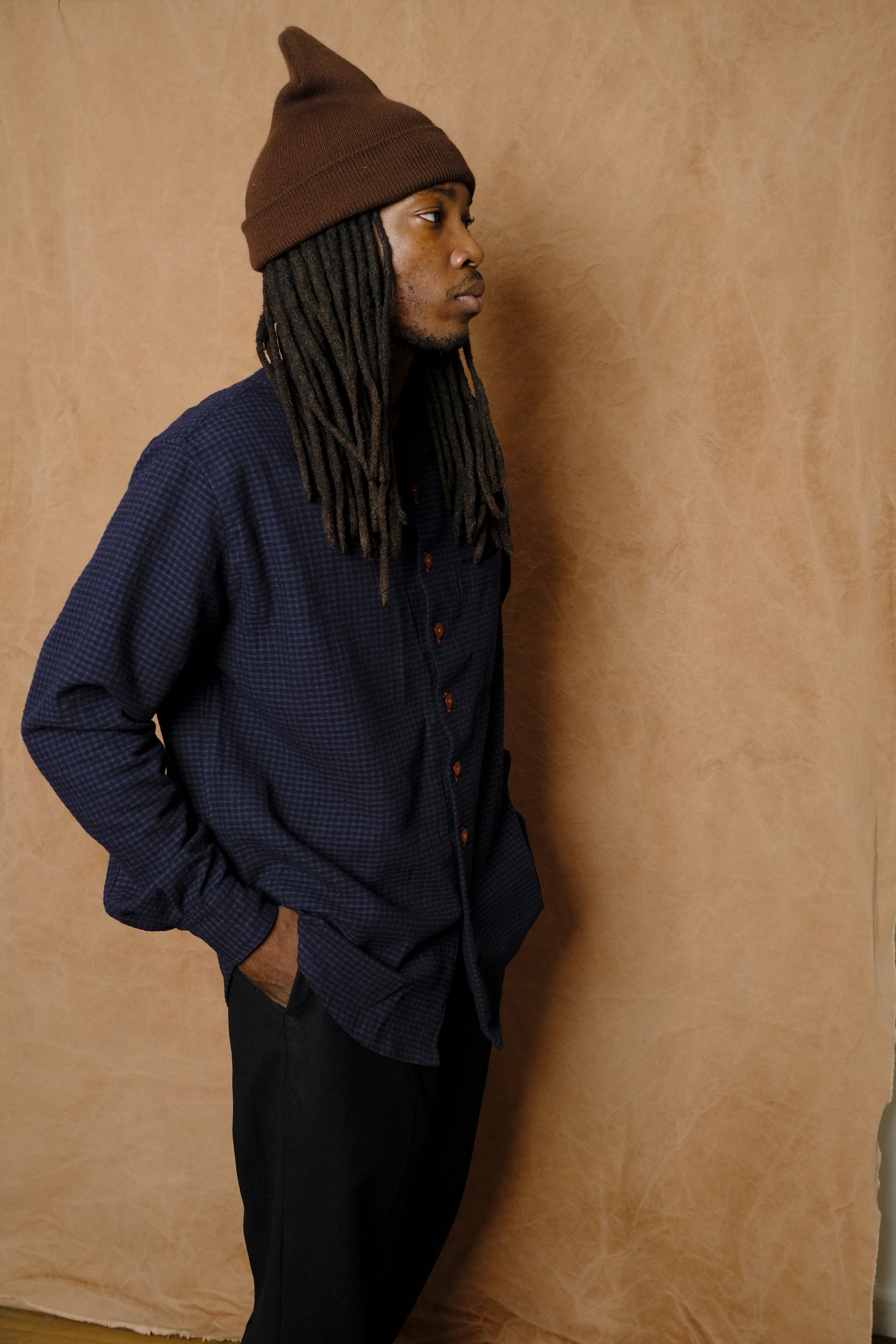 wooly gingham one pocket shirt in navy