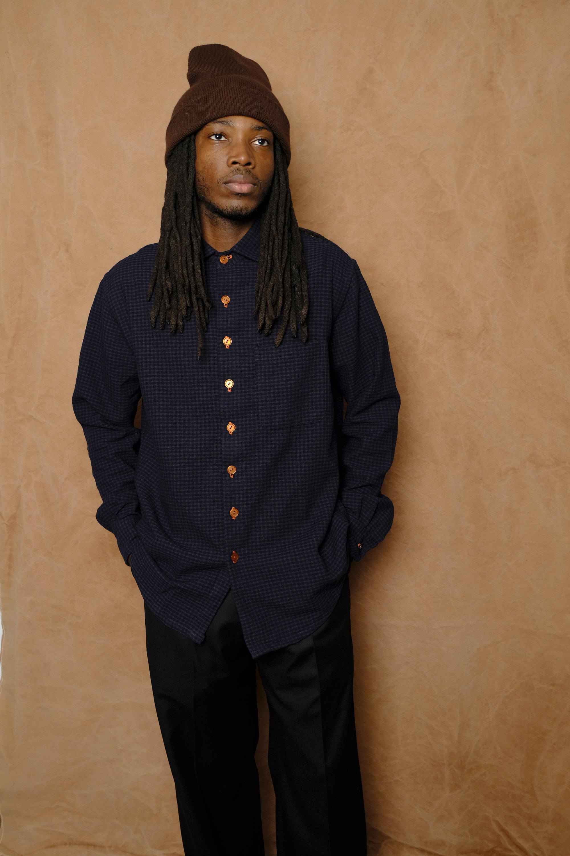 wooly gingham one pocket shirt in navy