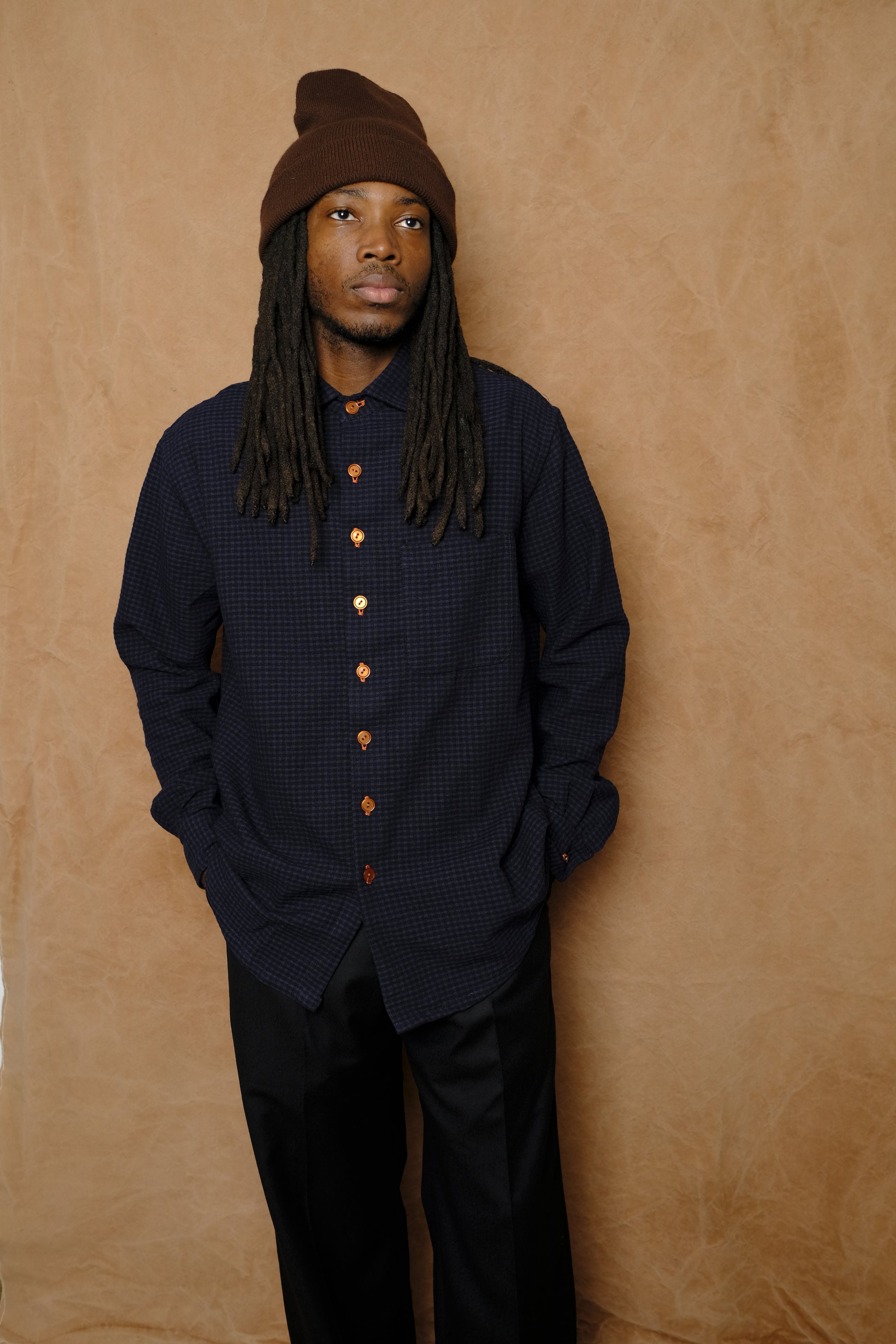 wooly gingham one pocket shirt in navy