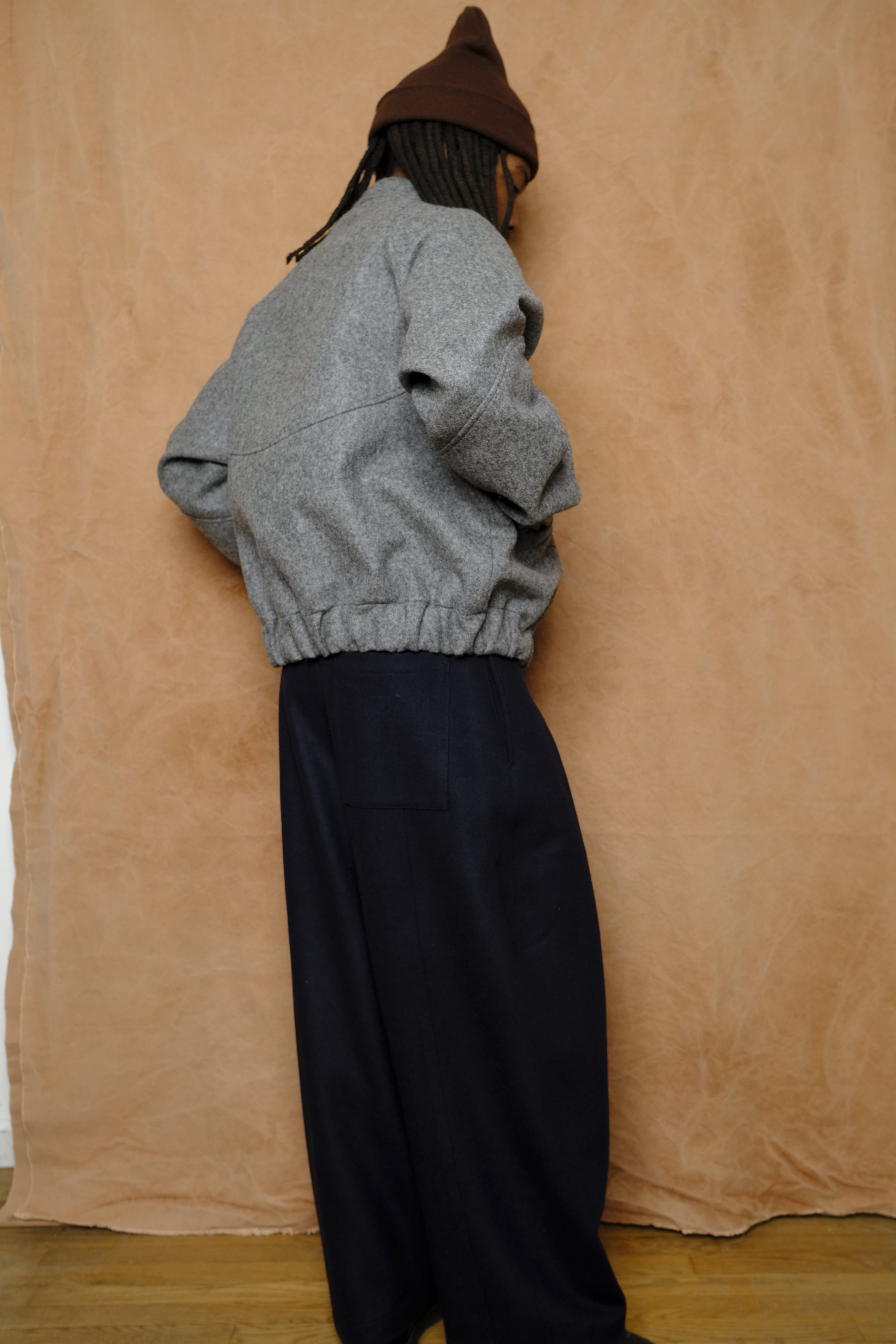 box pleat trouser in dark navy melton wool