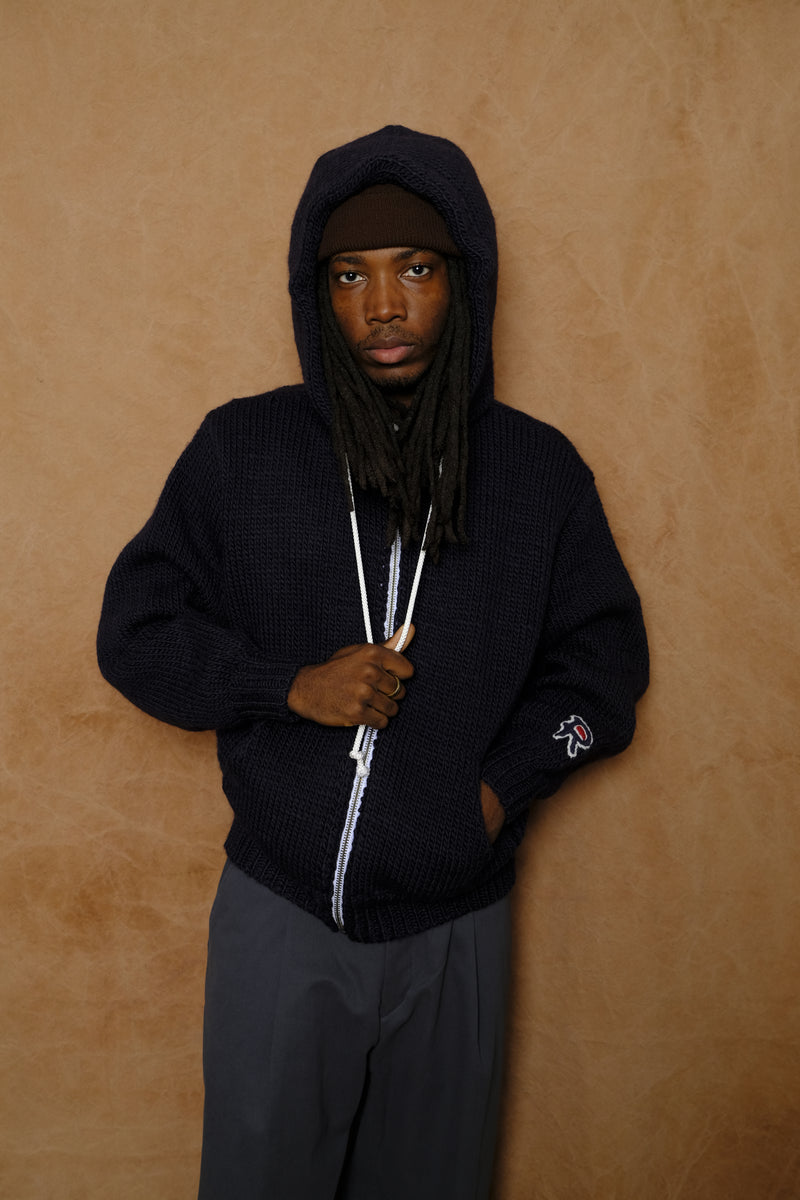 hand knitted zip hoodie in navy