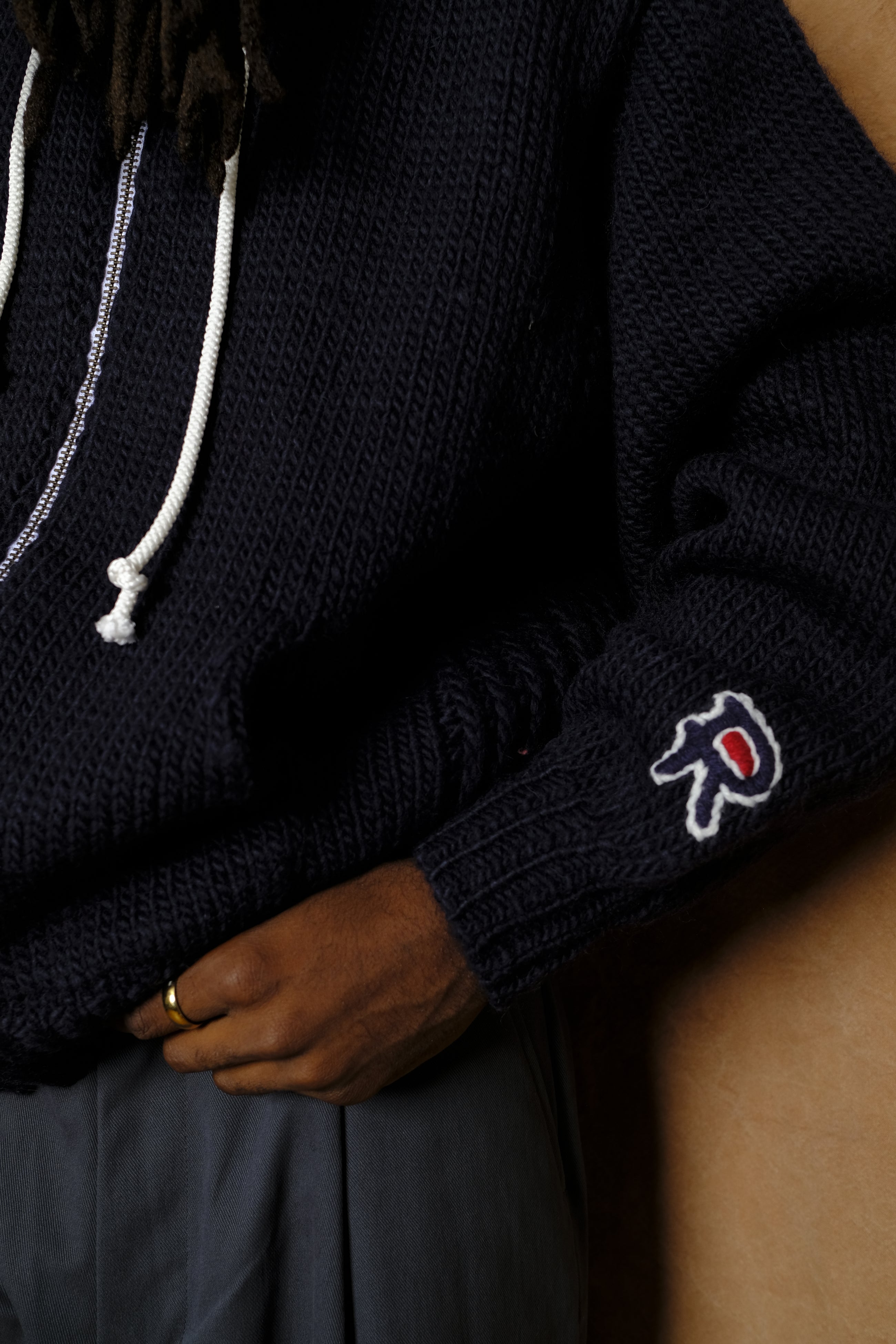 hand knitted zip hoodie in navy