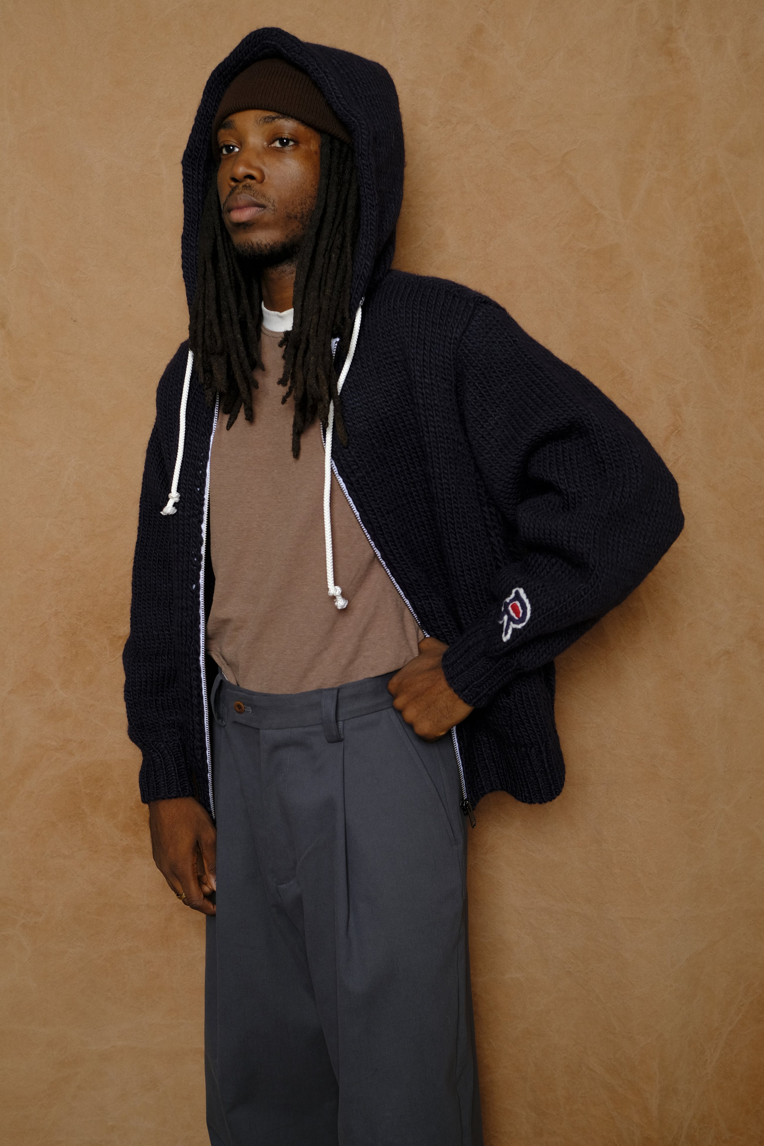 hand knitted zip hoodie in navy