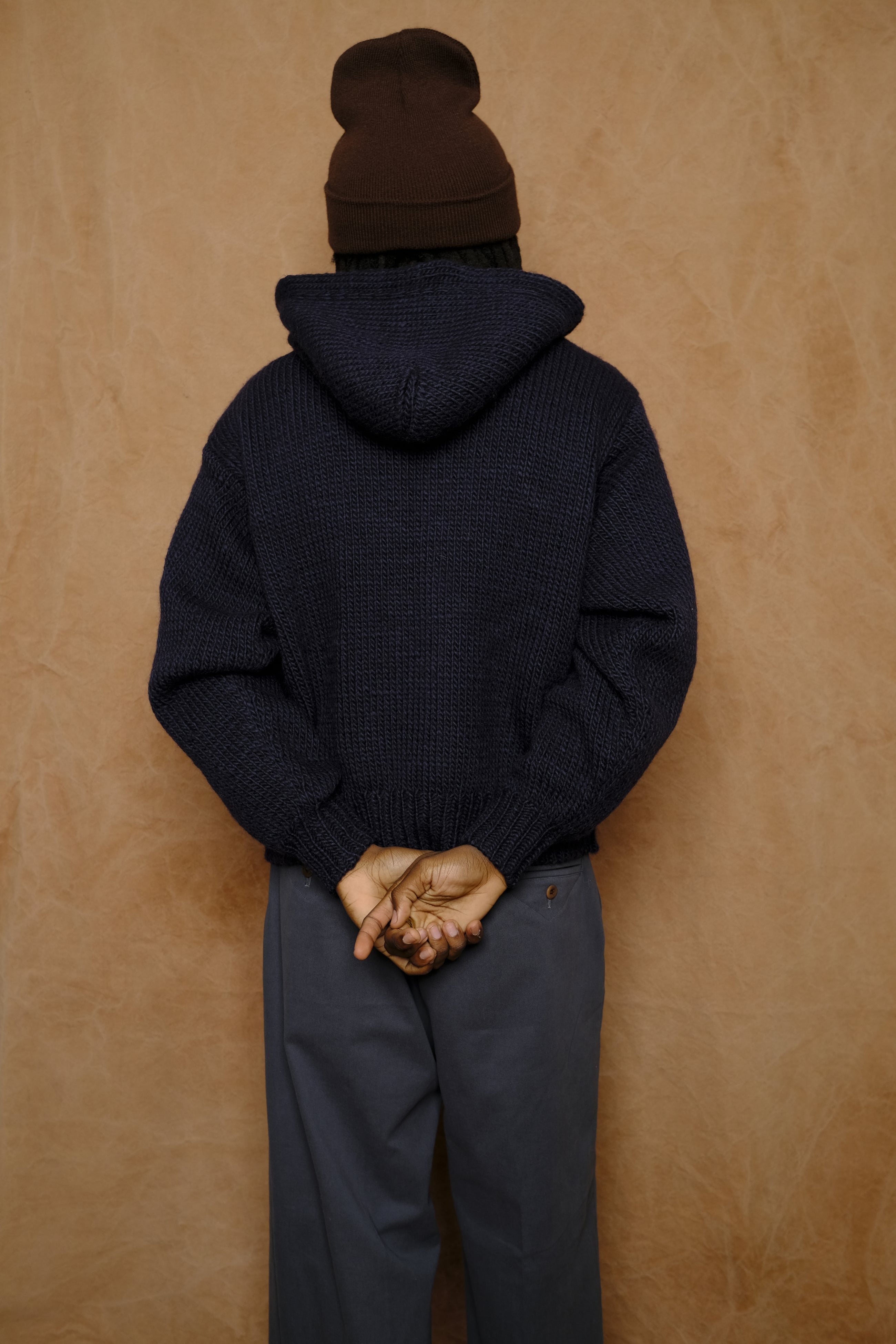 hand knitted zip hoodie in navy