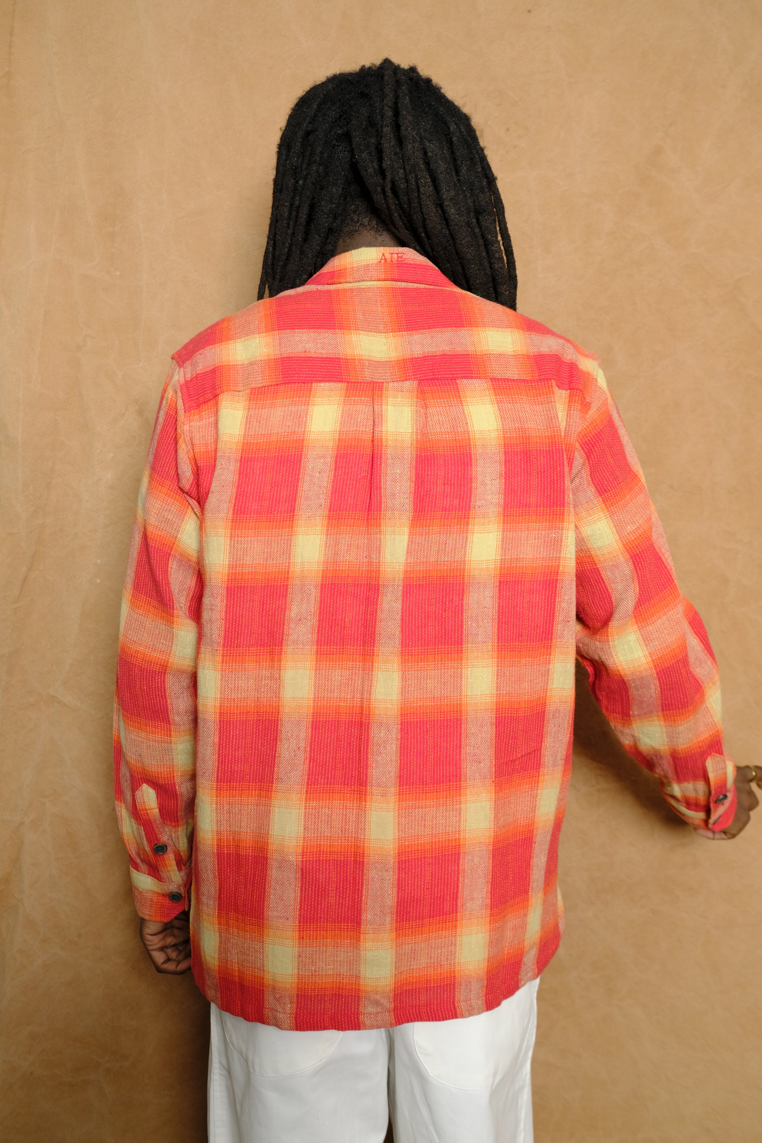 artist long sleeve shirt in red & ecru hand loomed kala cotton