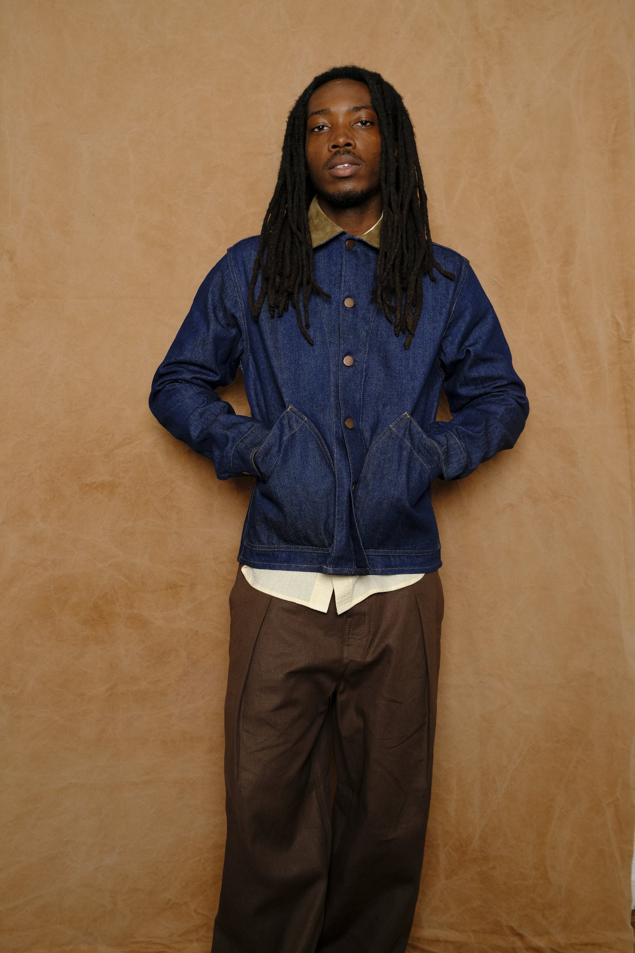 vaquero jacket in denim with coyote brown corduroy contrast