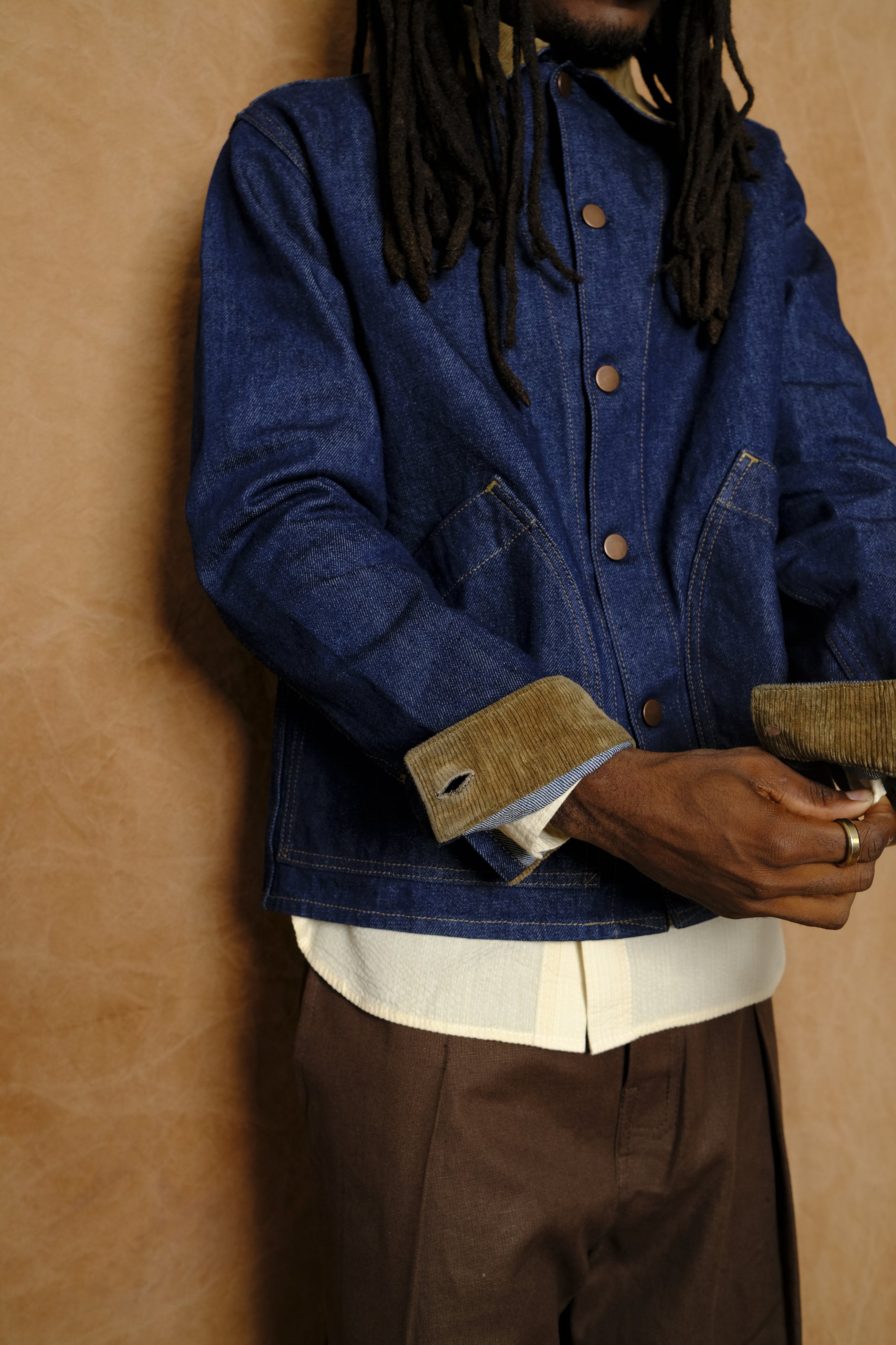 vaquero jacket in denim with coyote brown corduroy contrast