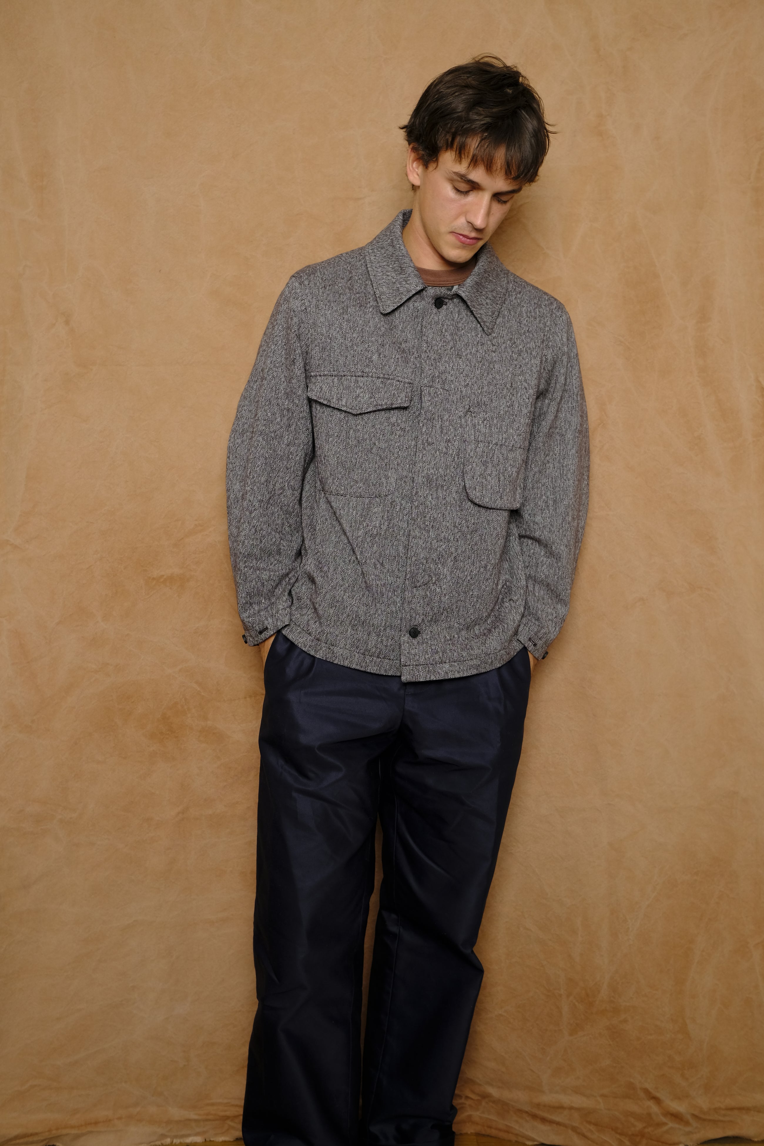 wool cotton denim field shirting jacket in brown