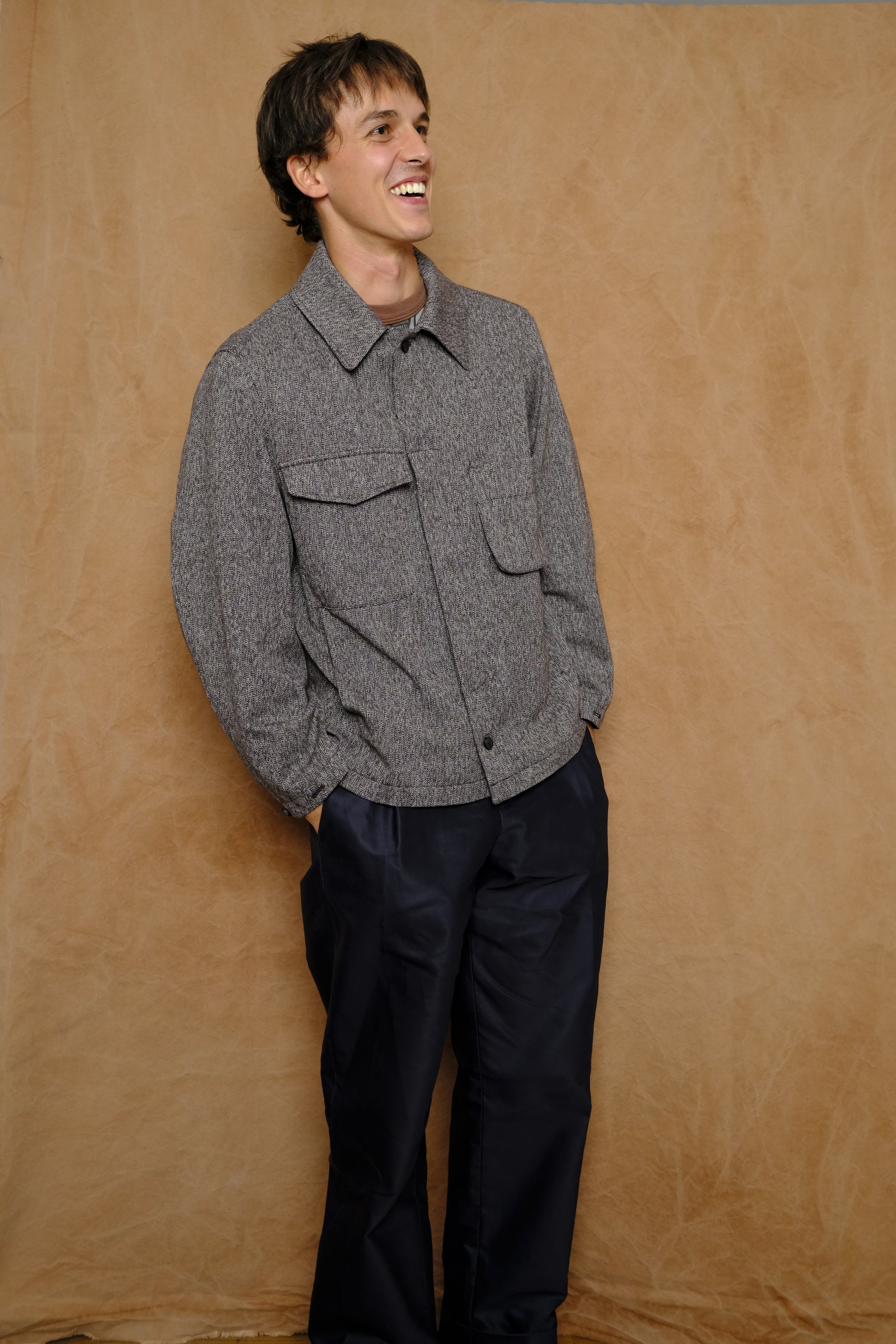 wool cotton denim field shirting jacket in brown
