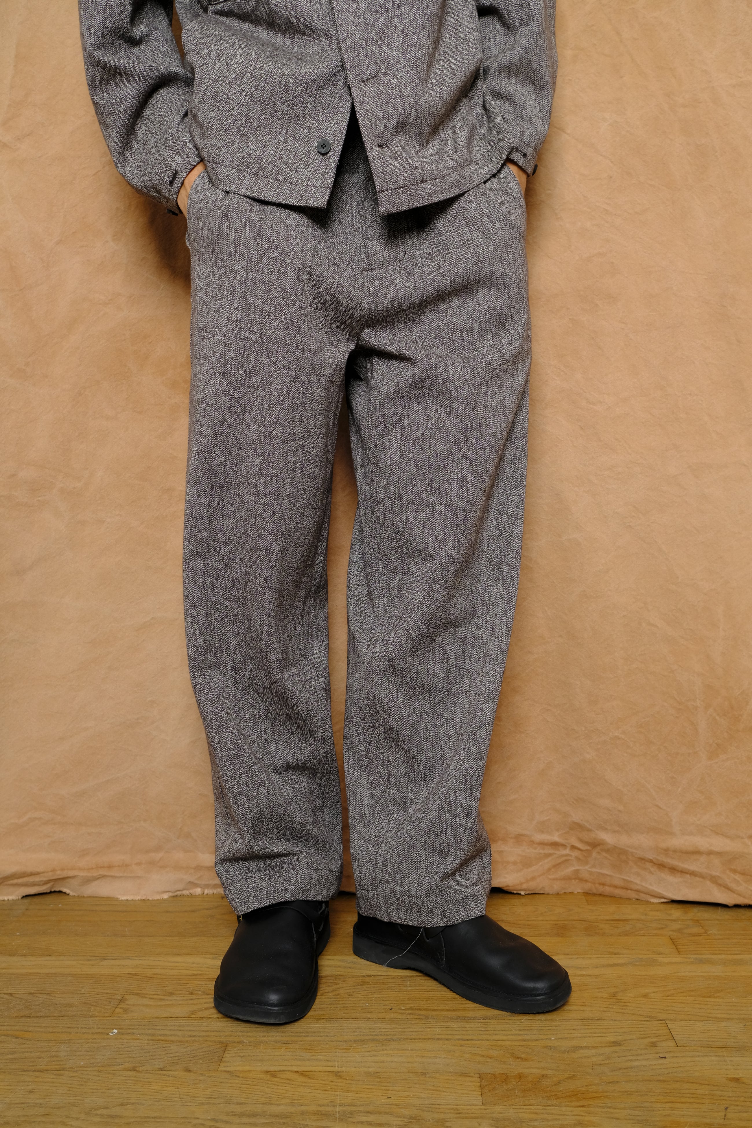 wool cotton denim wide tuck trousers in brown