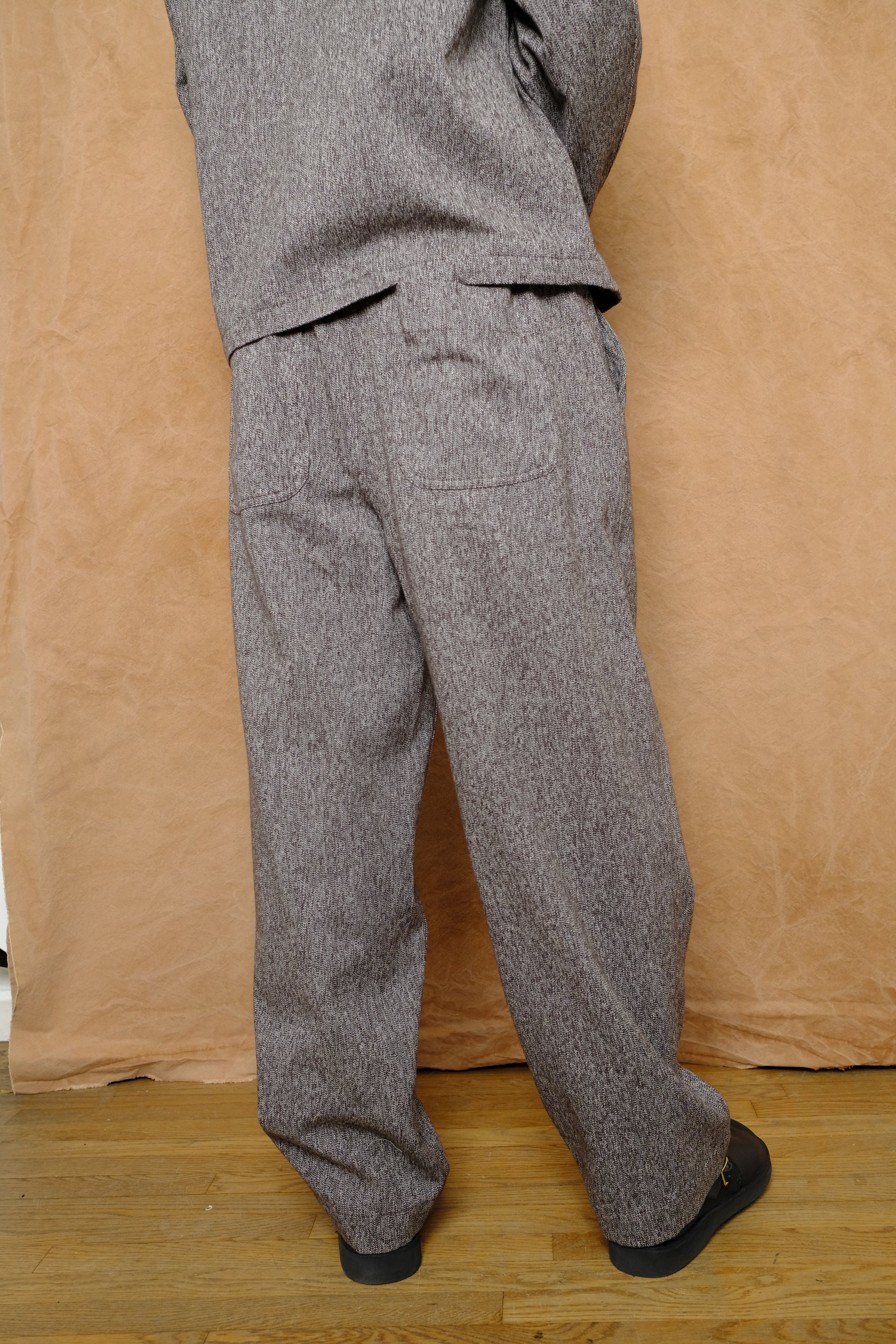 wool cotton denim wide tuck trousers in brown