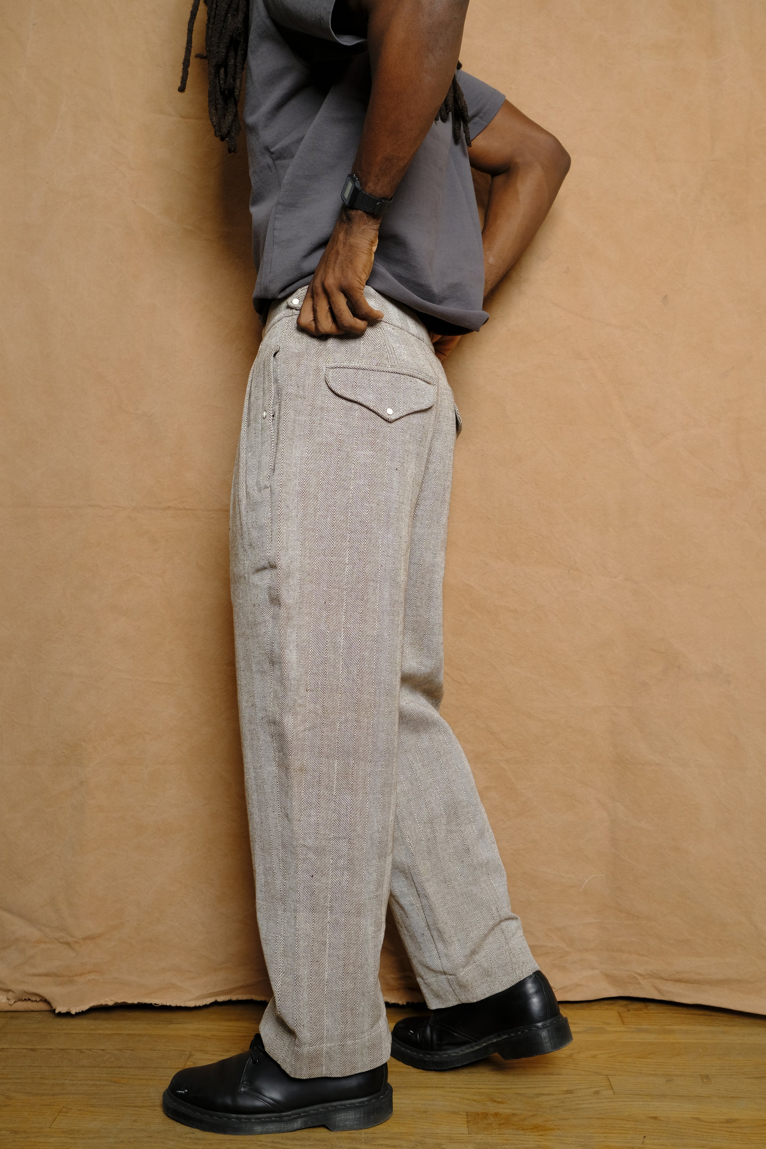 perlman trouser in wool/cotton brown melange herringbone