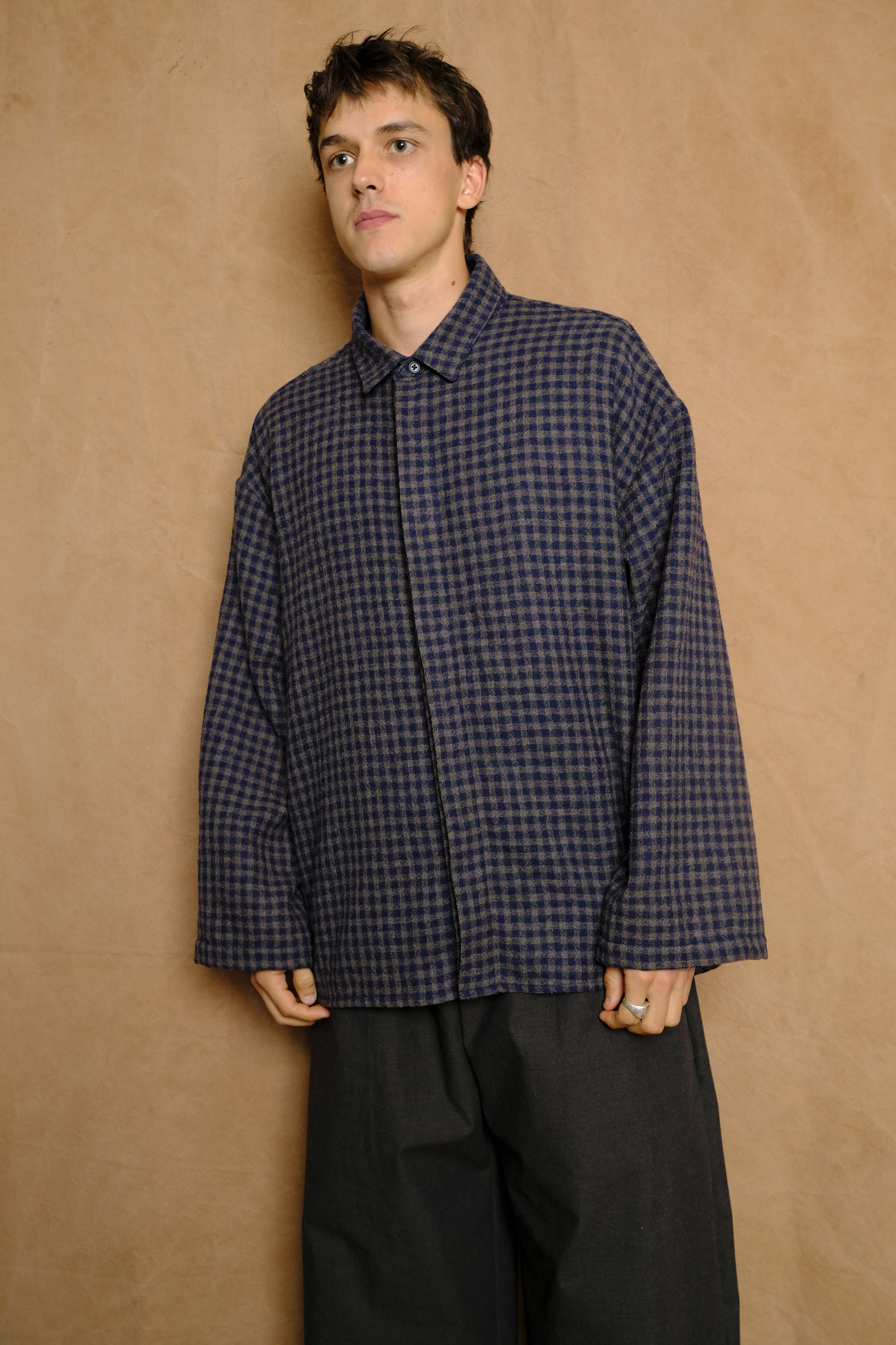 cafe shirt in navy and olive brown gauze