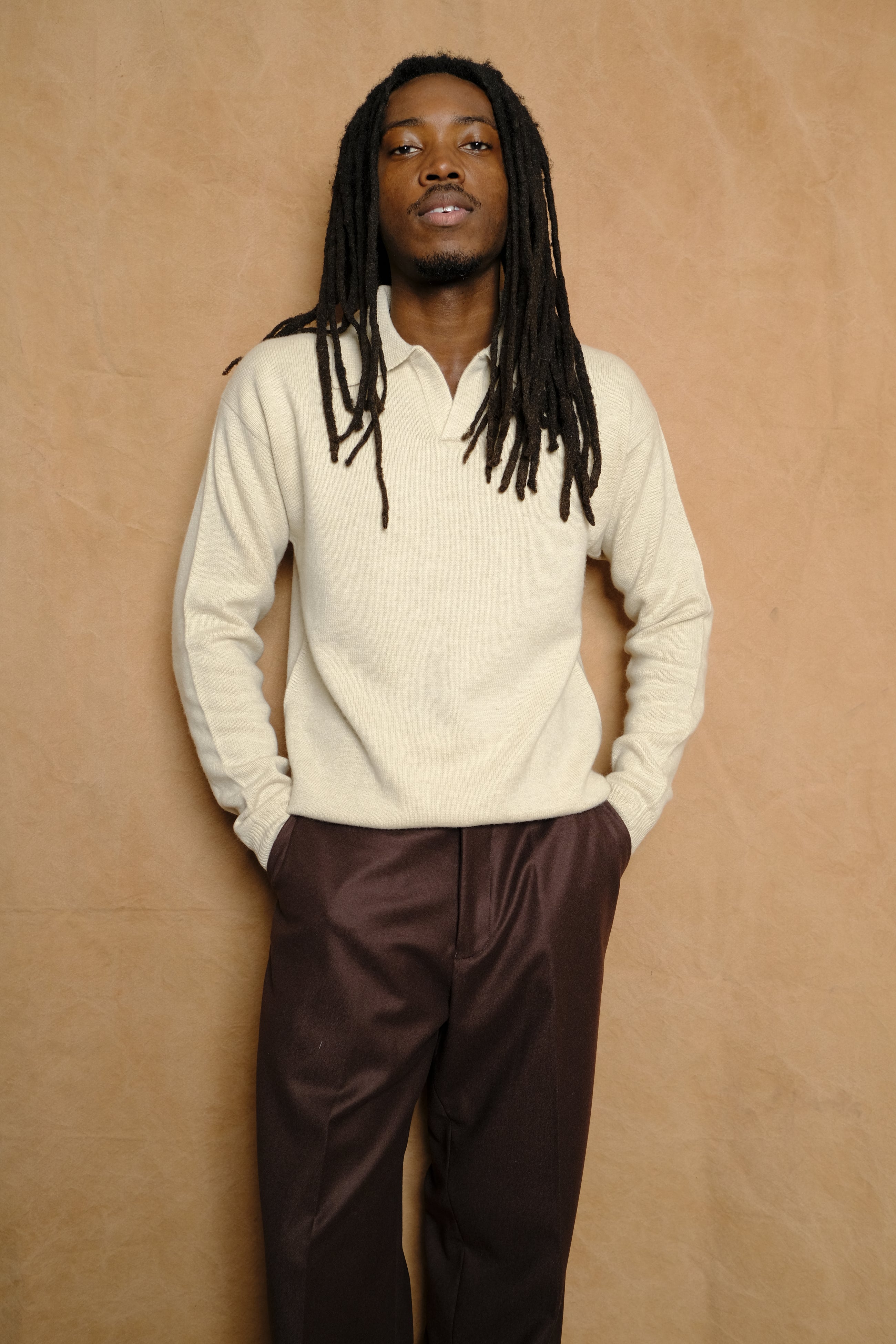 perlman long sleeve polo in oatmeal merino wool/cashmere
