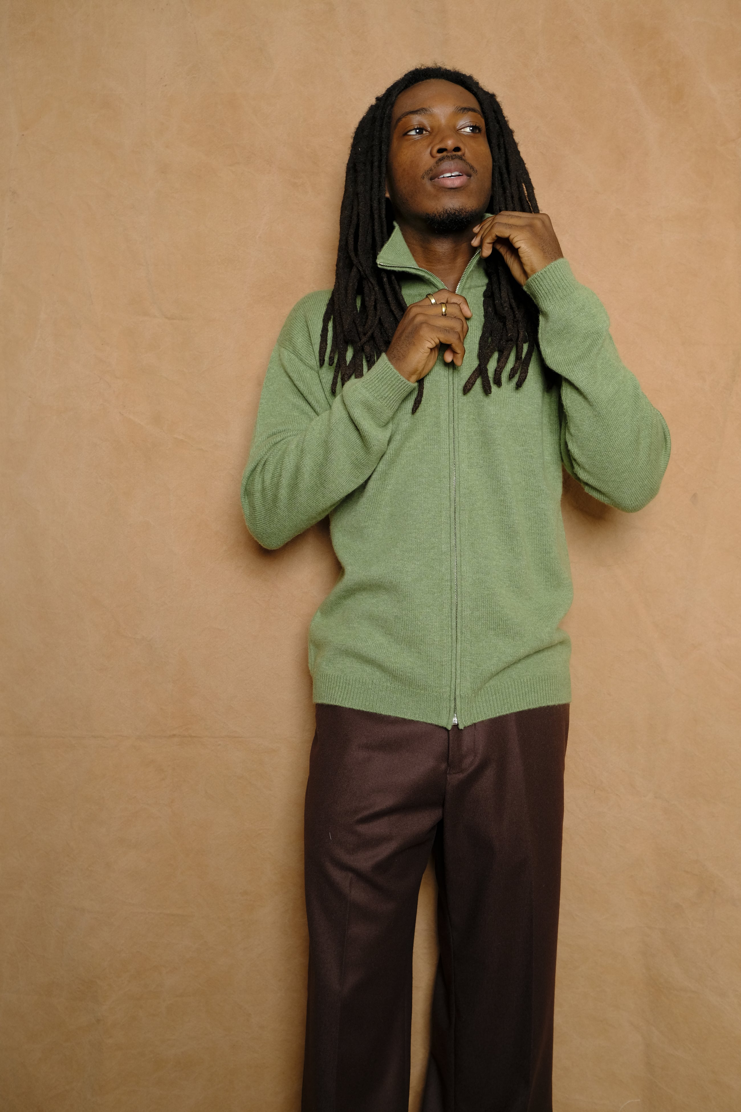 perlman zip up in chai mercerized wool/cashmere blend