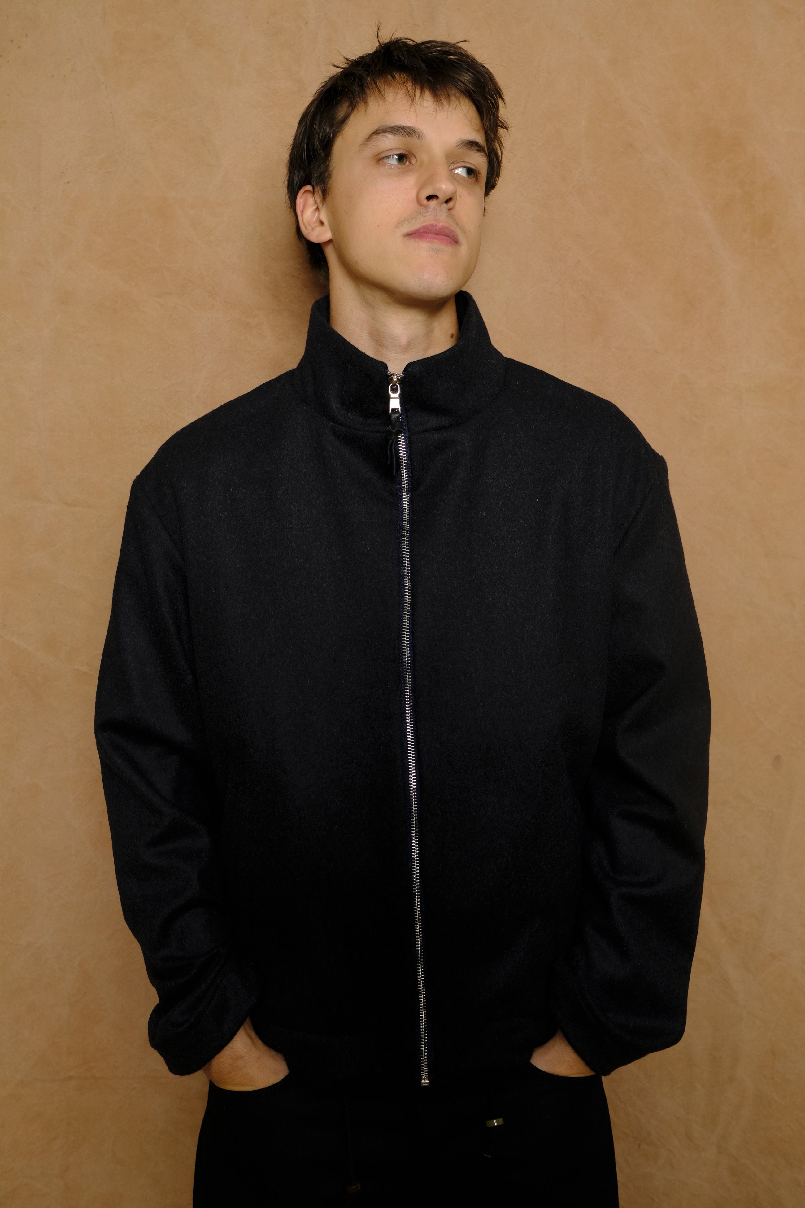 zip up jacket in smoky blue wool