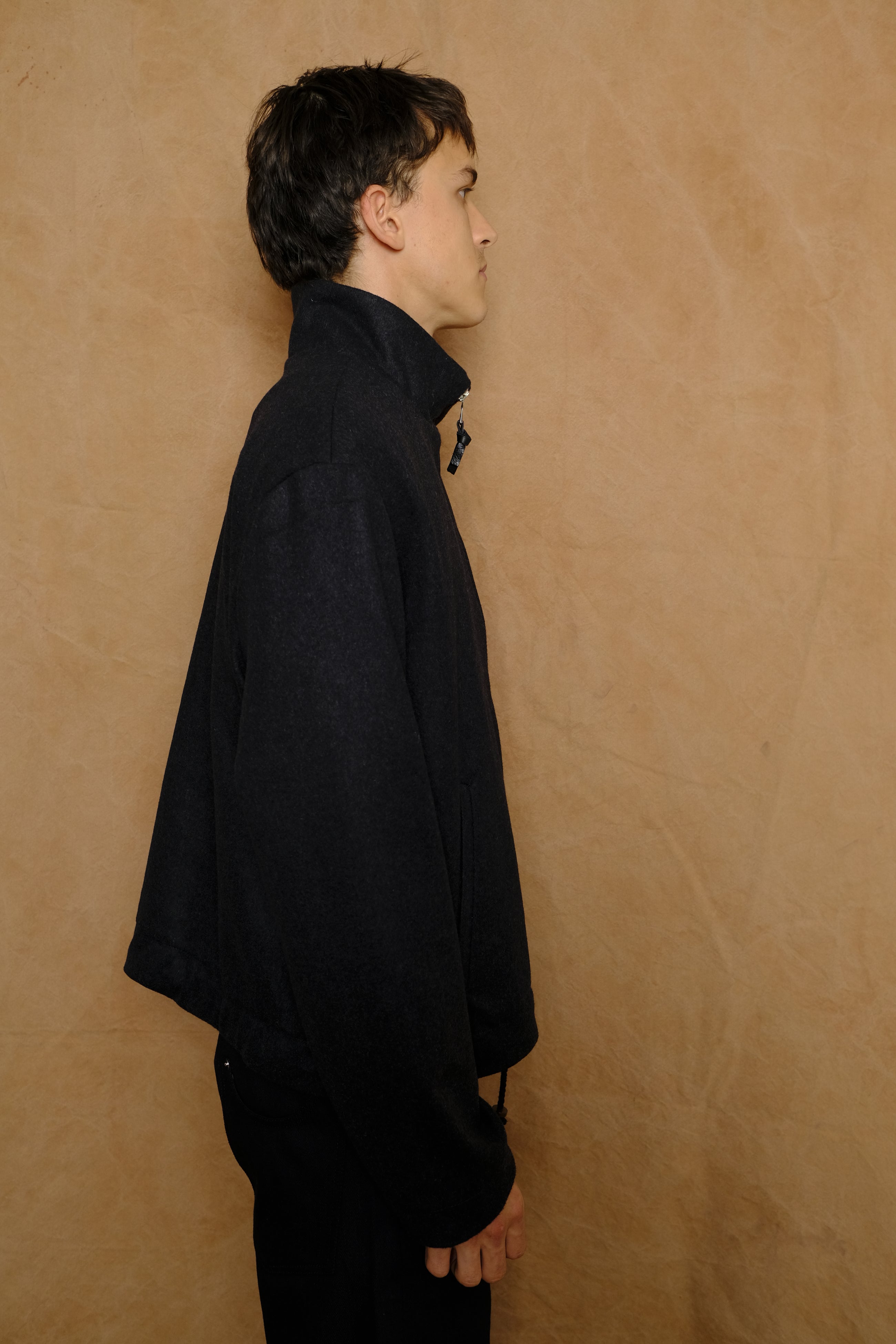 zip up jacket in smoky blue wool