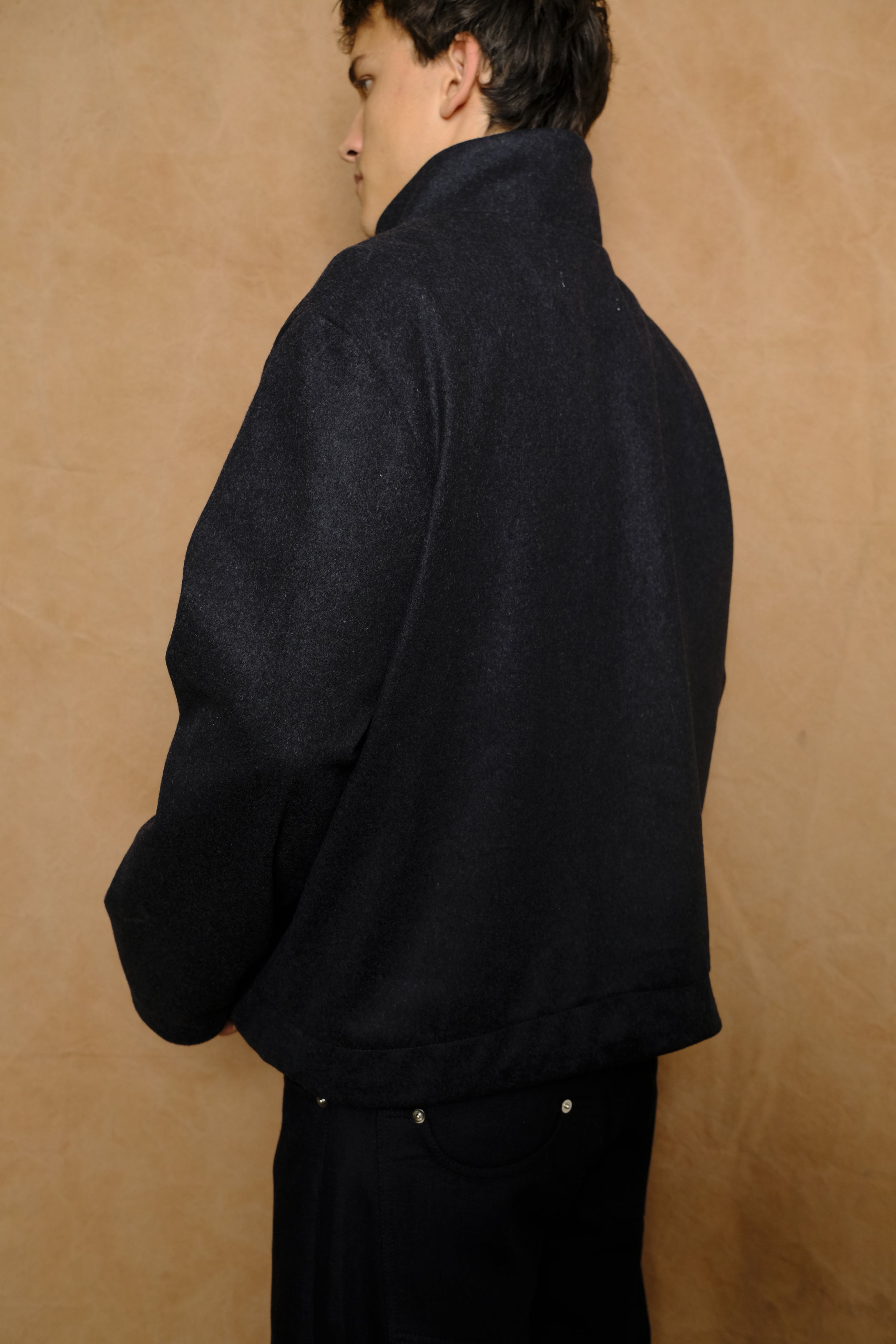 zip up jacket in smoky blue wool