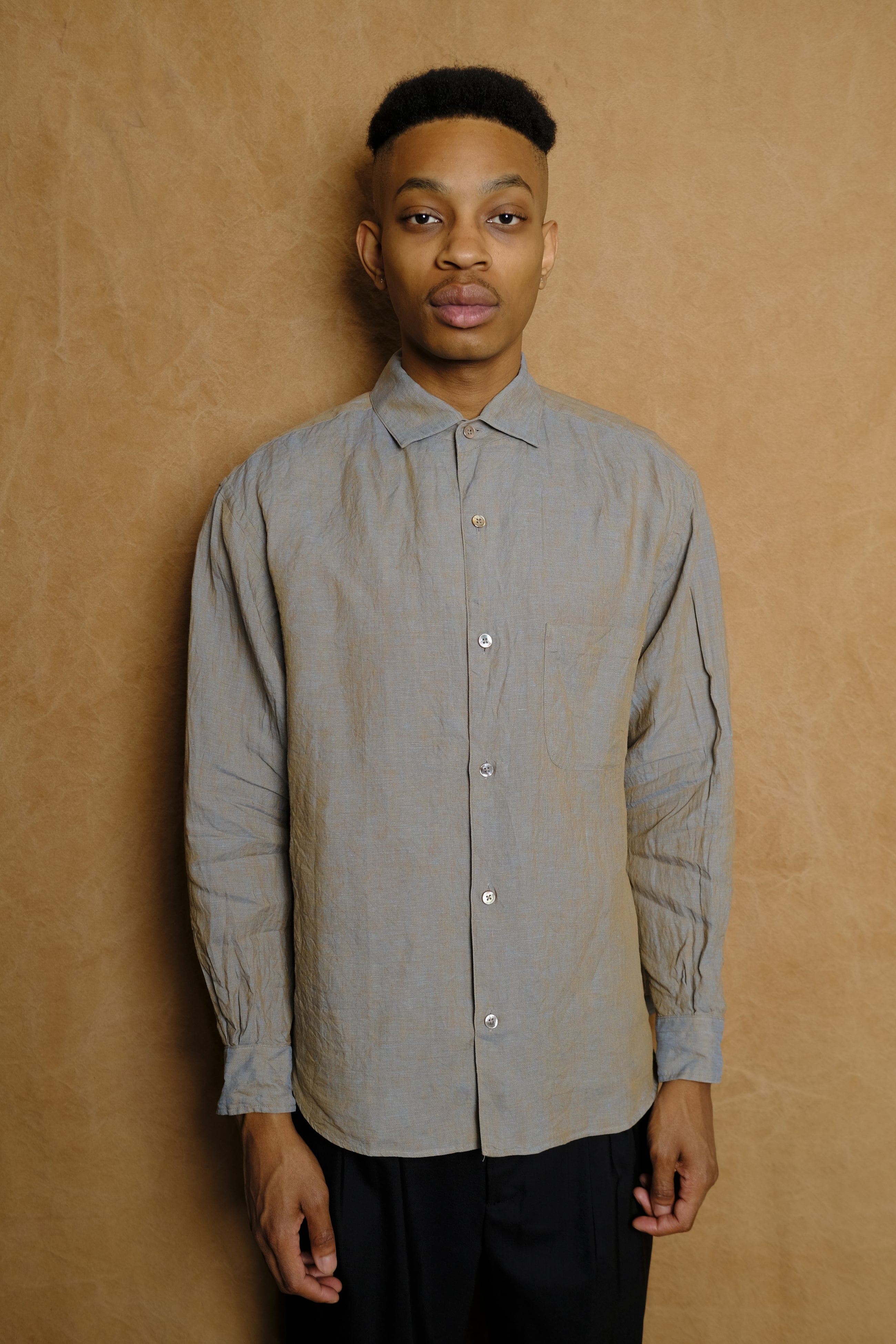 italian collar long sleeve shirt in brown hemp