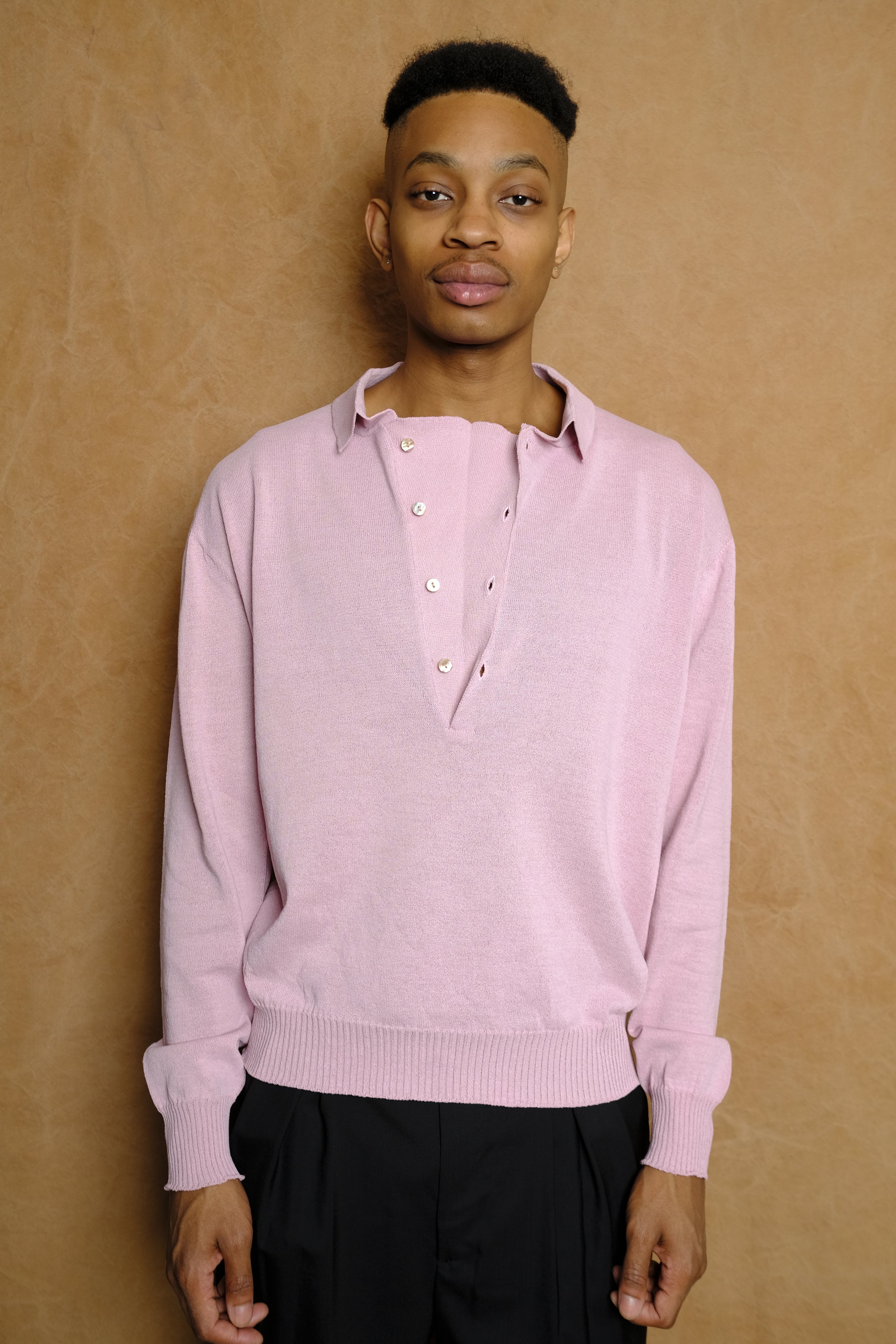 draped placket polo shirt in pink