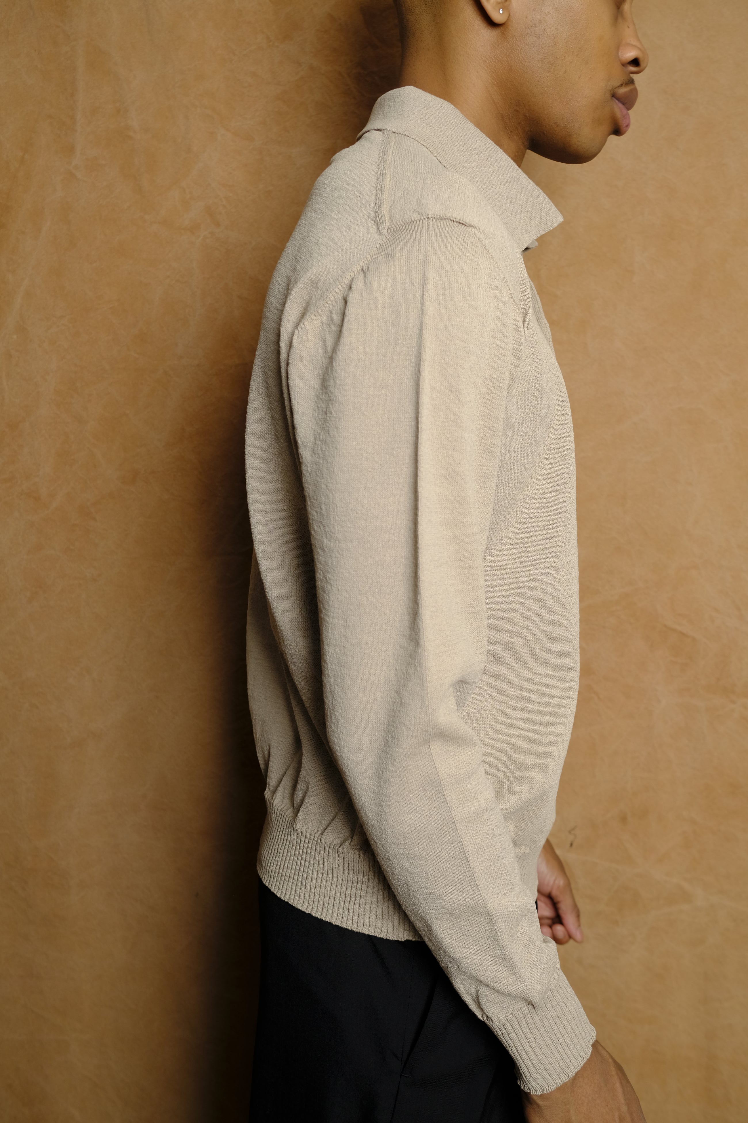 draped placket polo shirt in beige