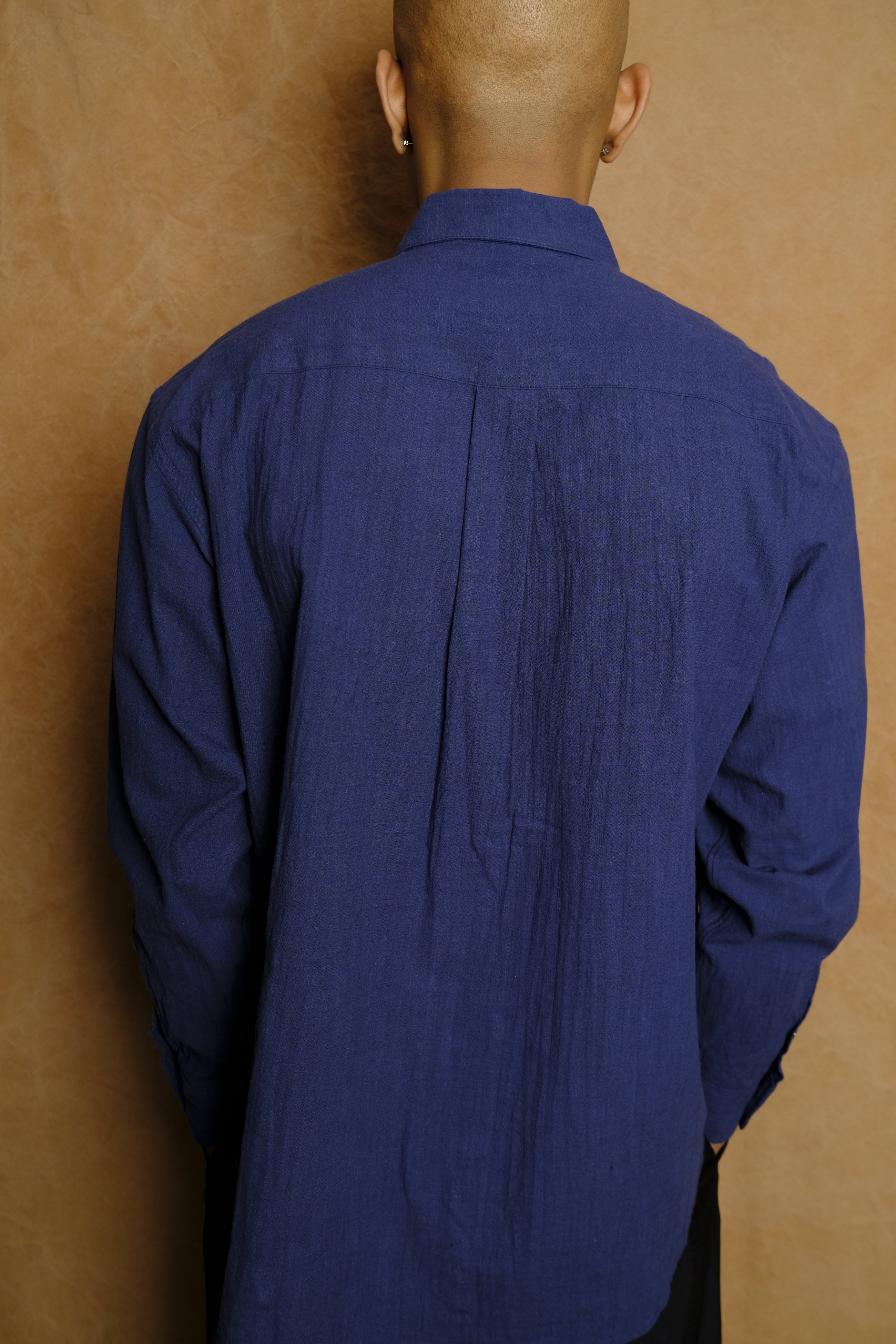 italian collar long sleeve shirt in navy cotton
