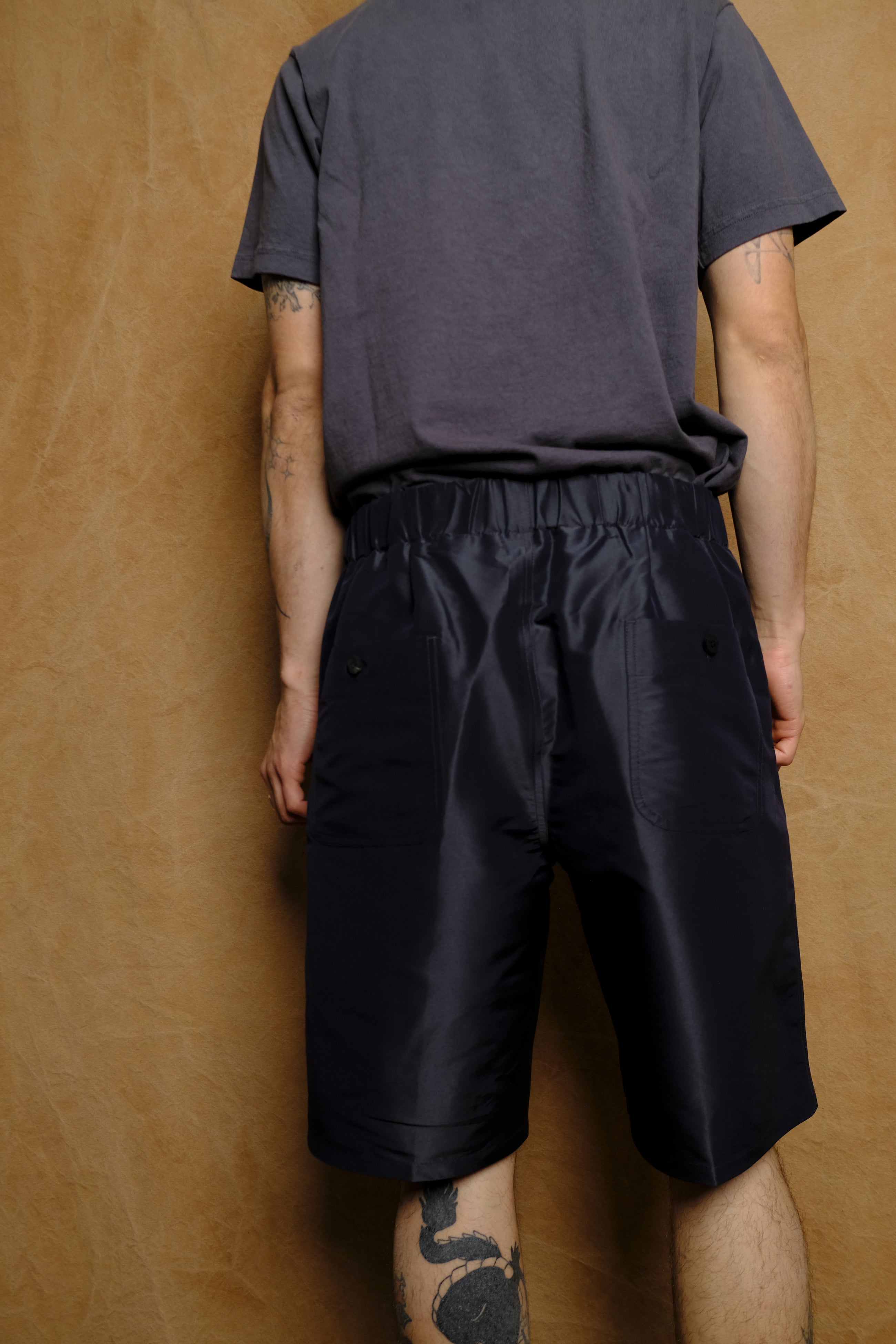 silk blend set up tucked shorts in navy