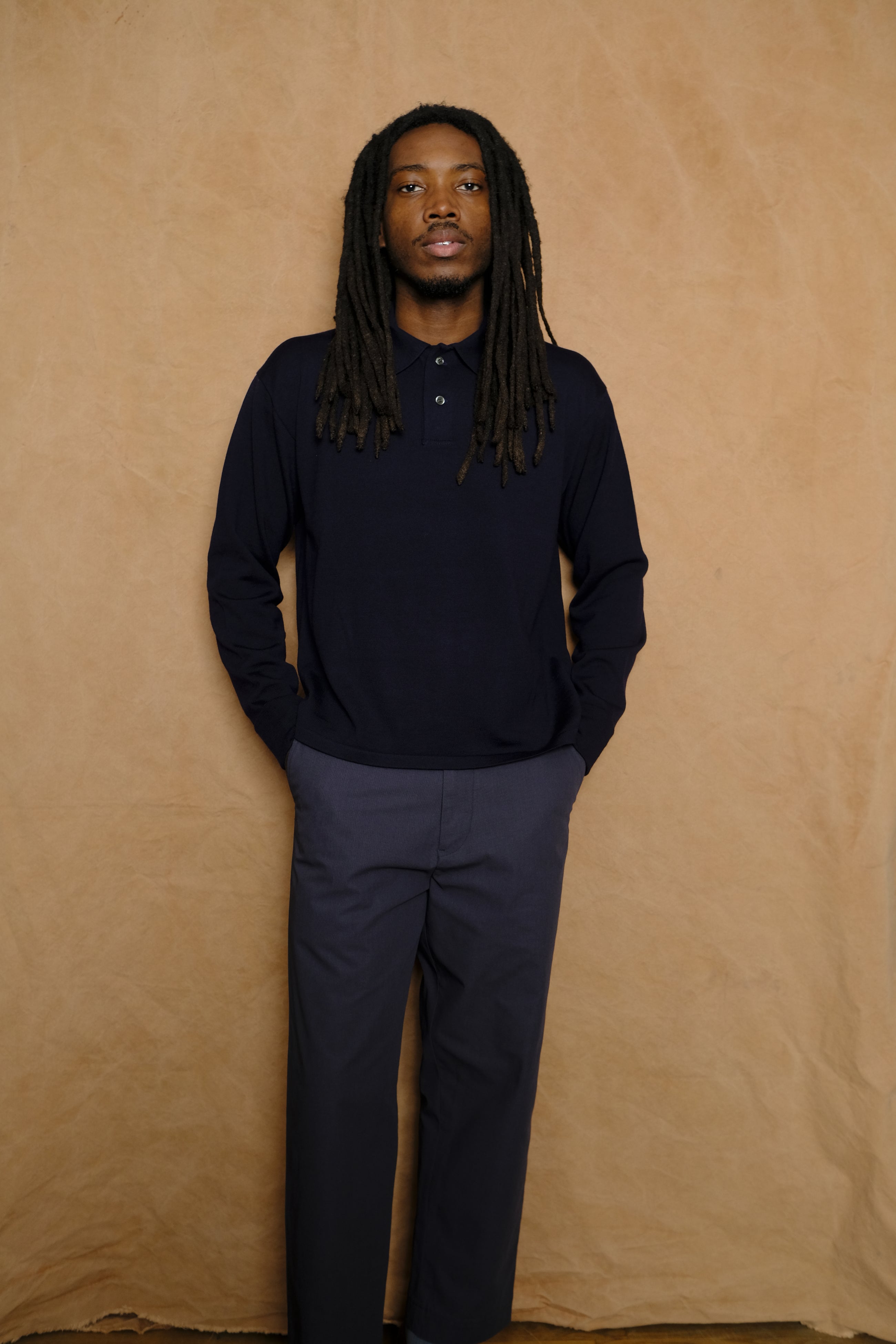 non mulesing wool knit polo in navy