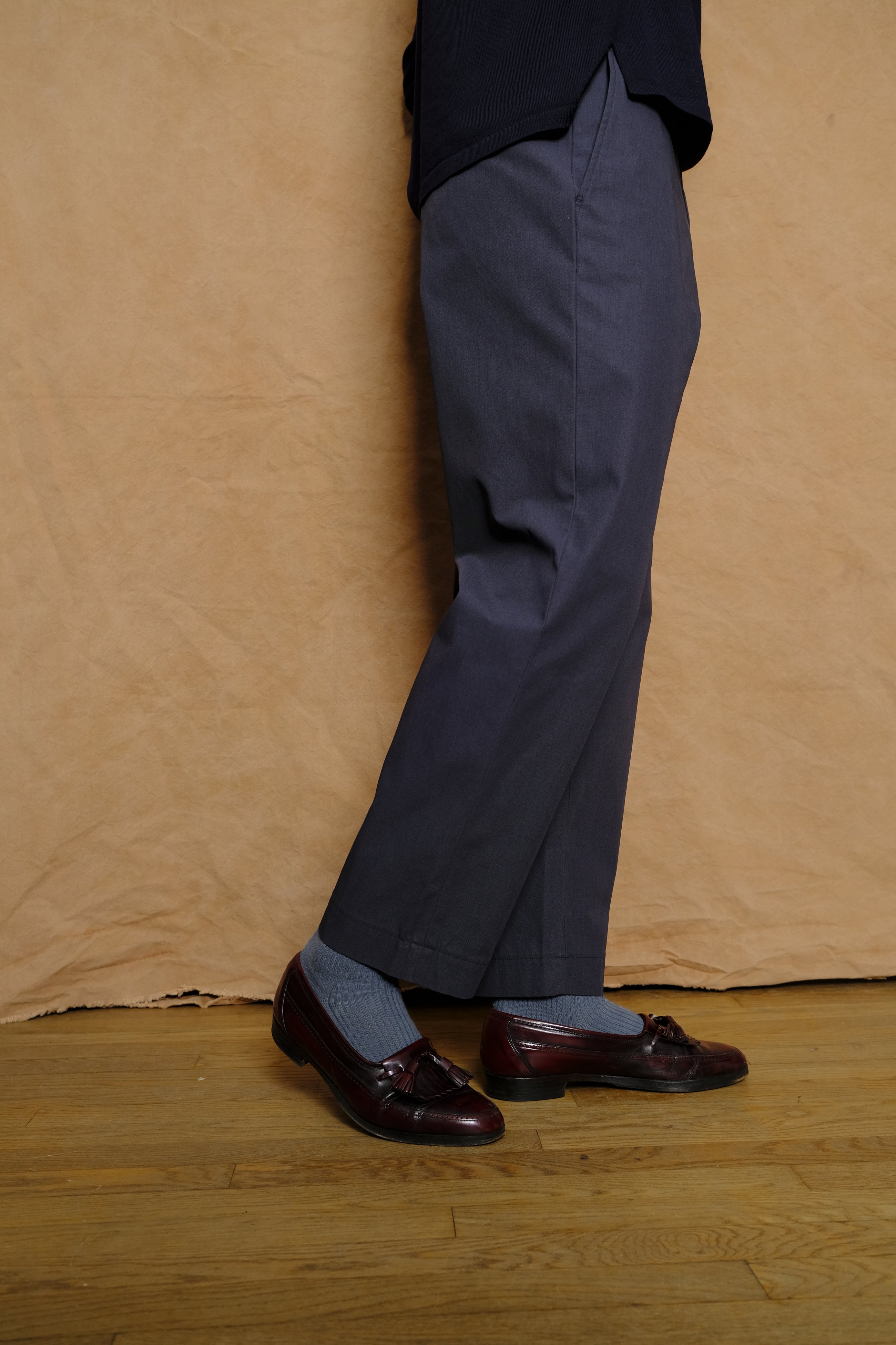 organic cotton / recycle polyester twill adjuster trouser in navy