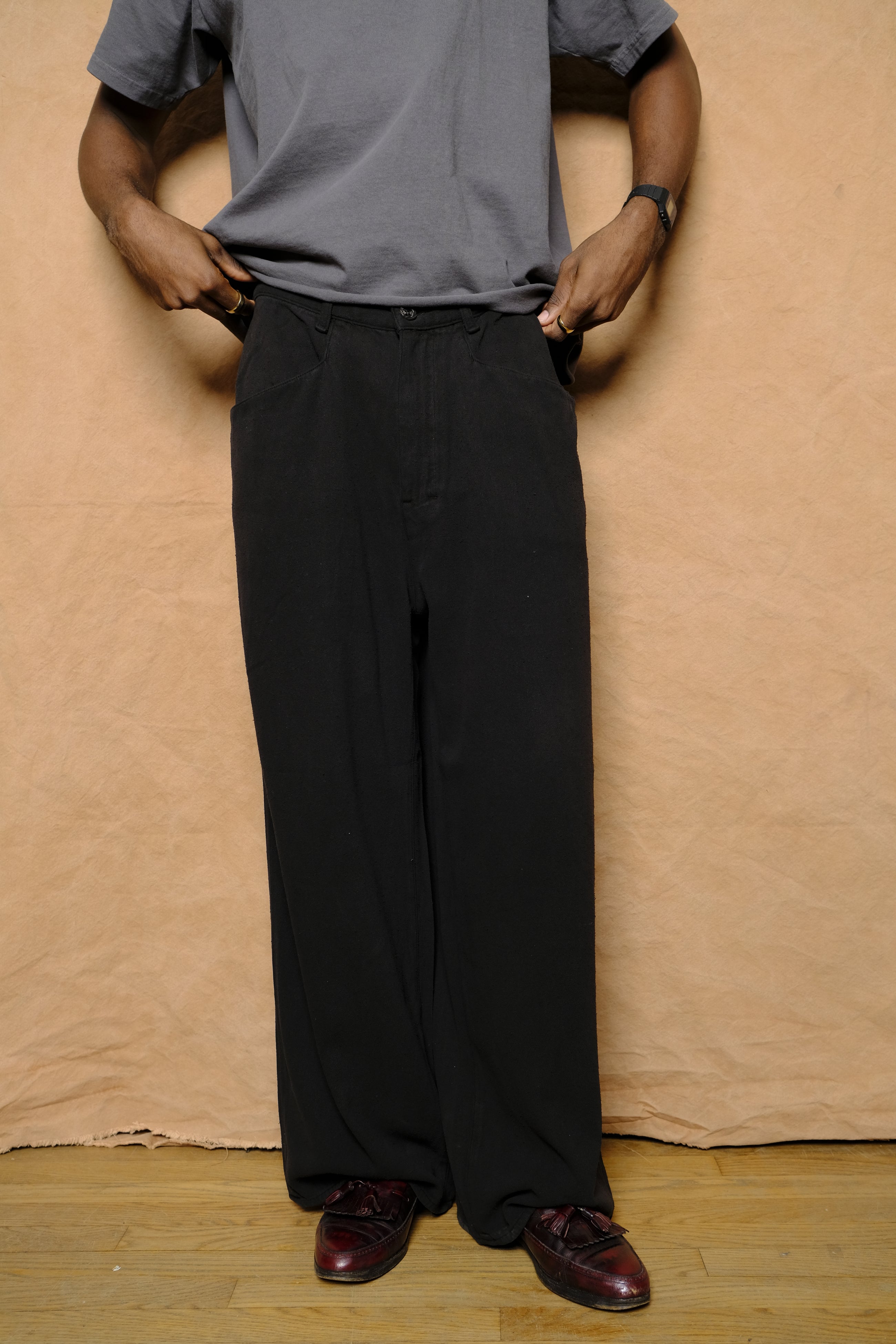 work pants in black silk noil