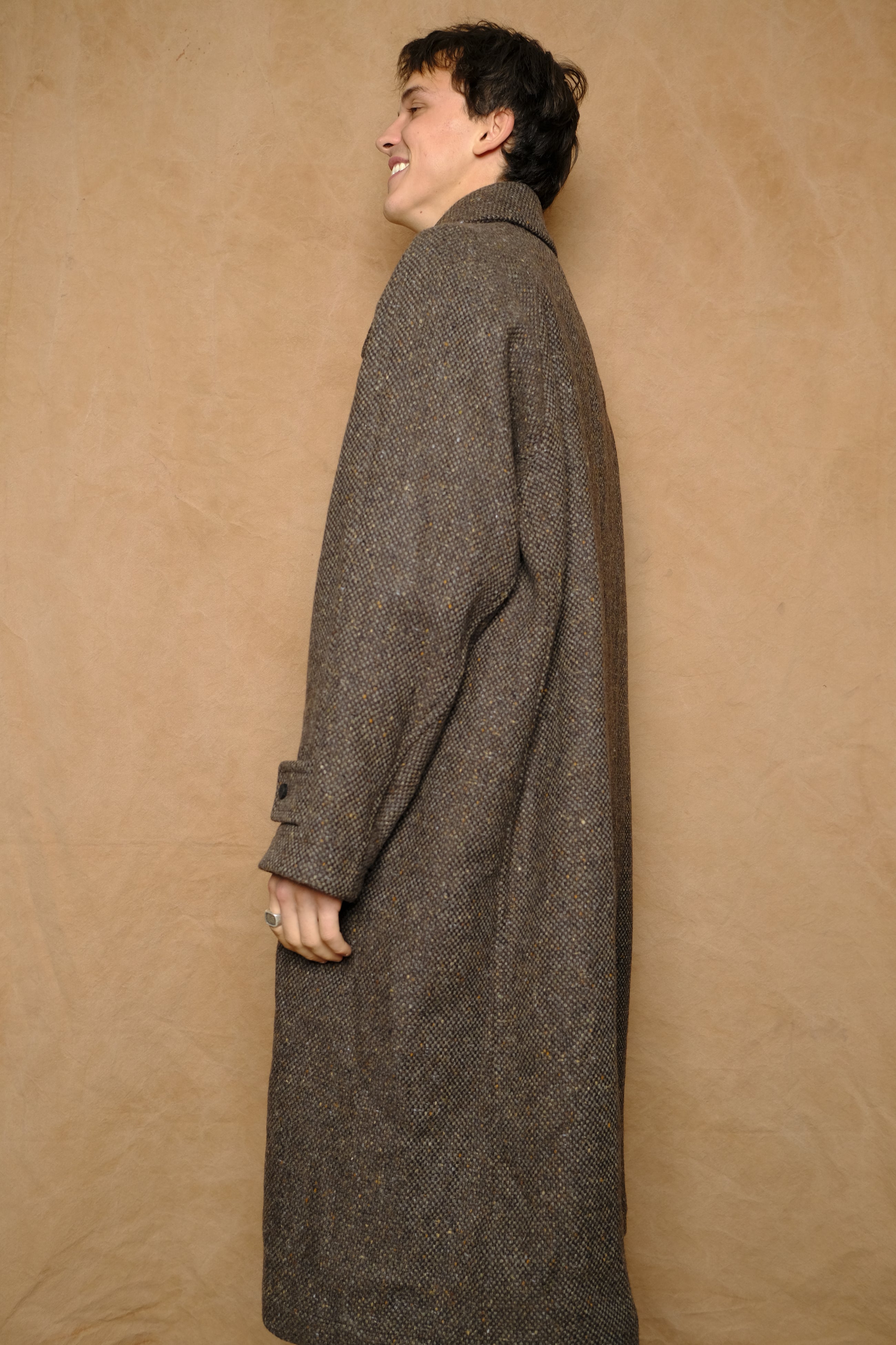 donegal tweed inverted pleats balmacaan coat in brown