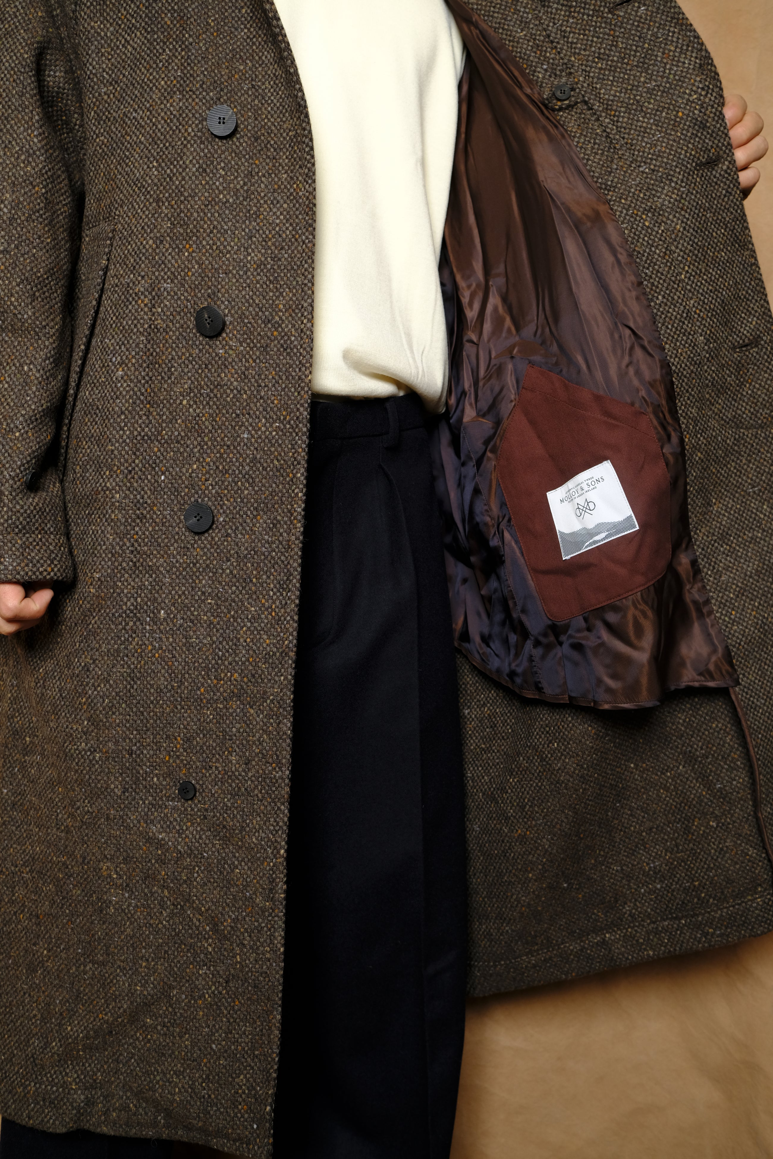donegal tweed inverted pleats balmacaan coat in brown