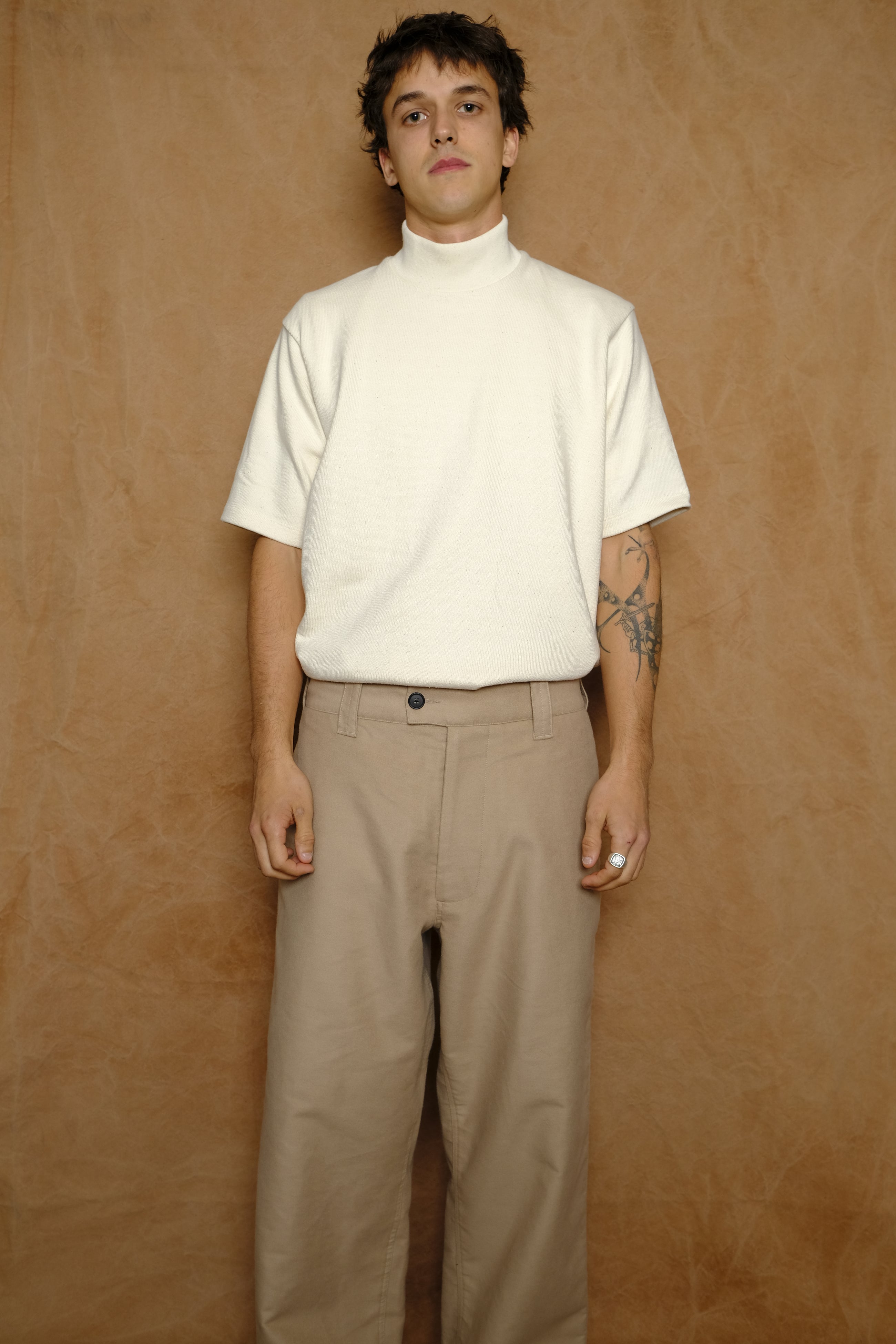 hi-neck shirt in ecru tuck stitch cotton jersey