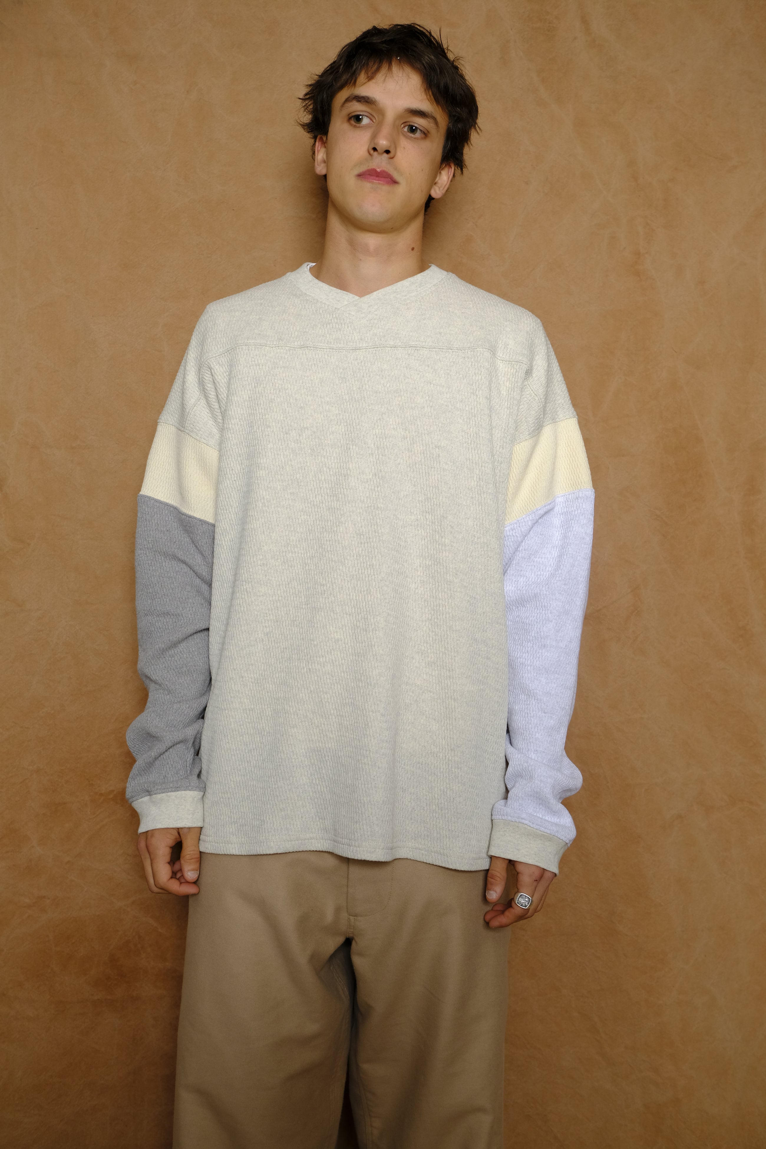 l/s hockey shirt in ecru tuck stitch cotton jersey