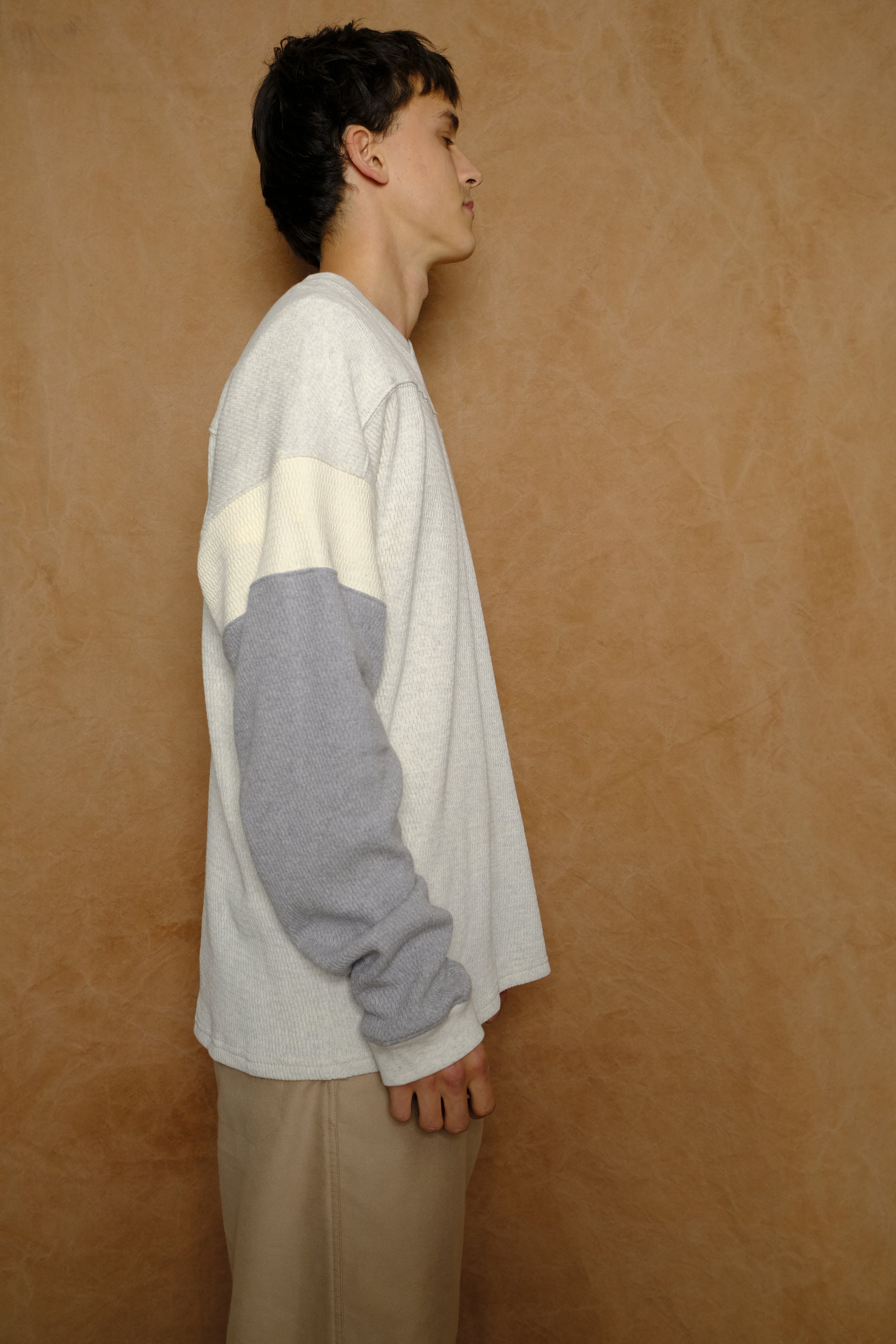 l/s hockey shirt in ecru tuck stitch cotton jersey