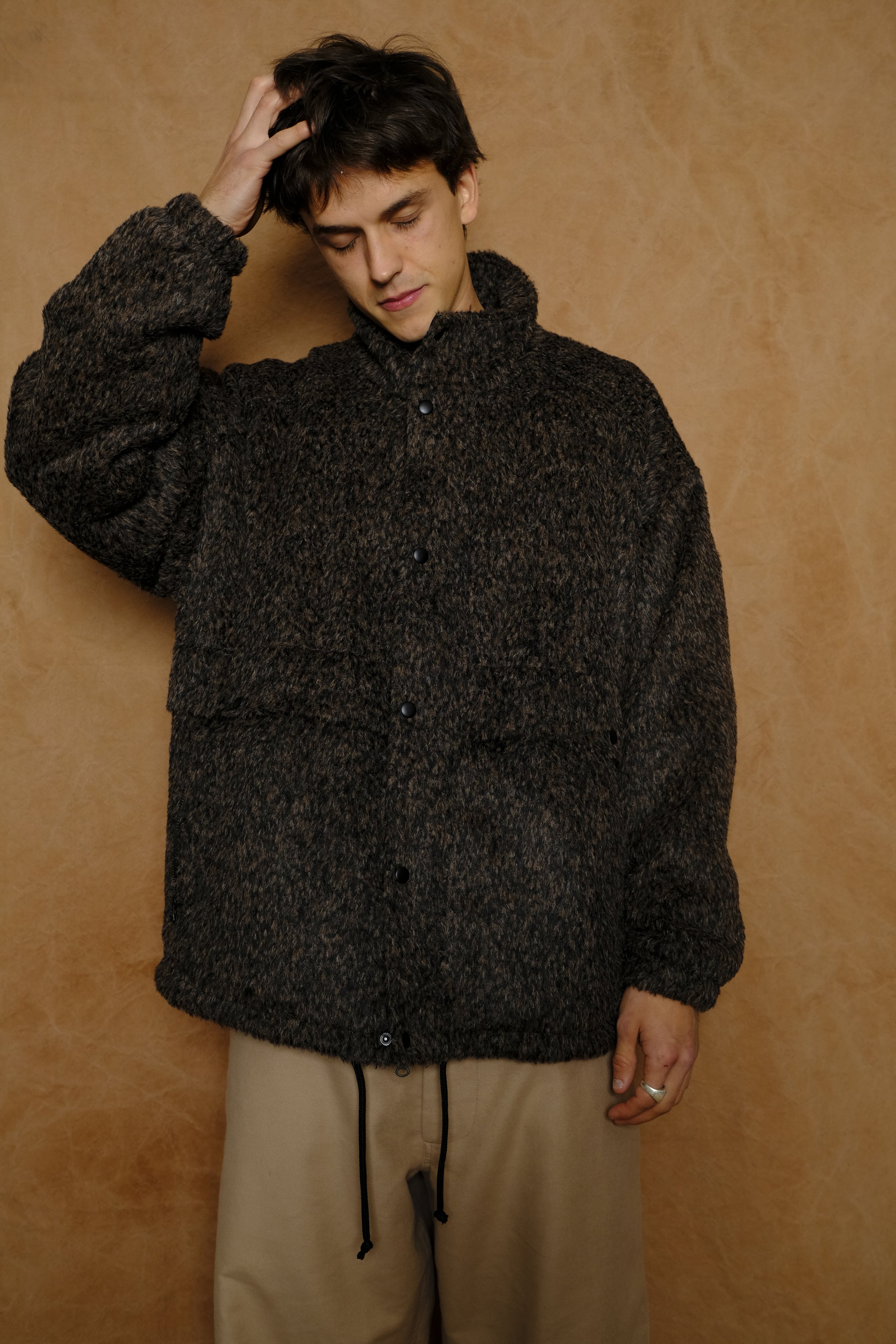 funnel coat in black/brown felted alpaca wool