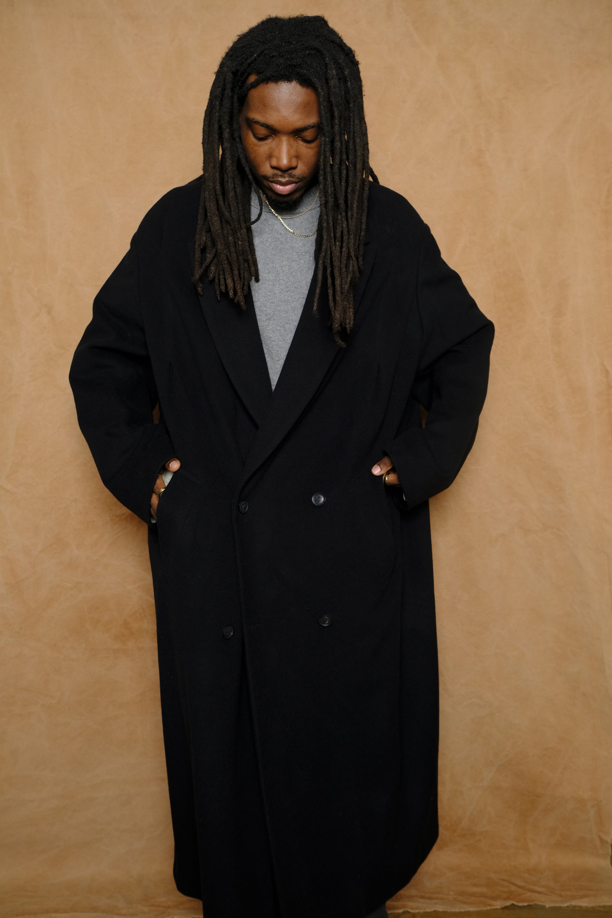 draped dart wool cashmere chesterfield coat in black