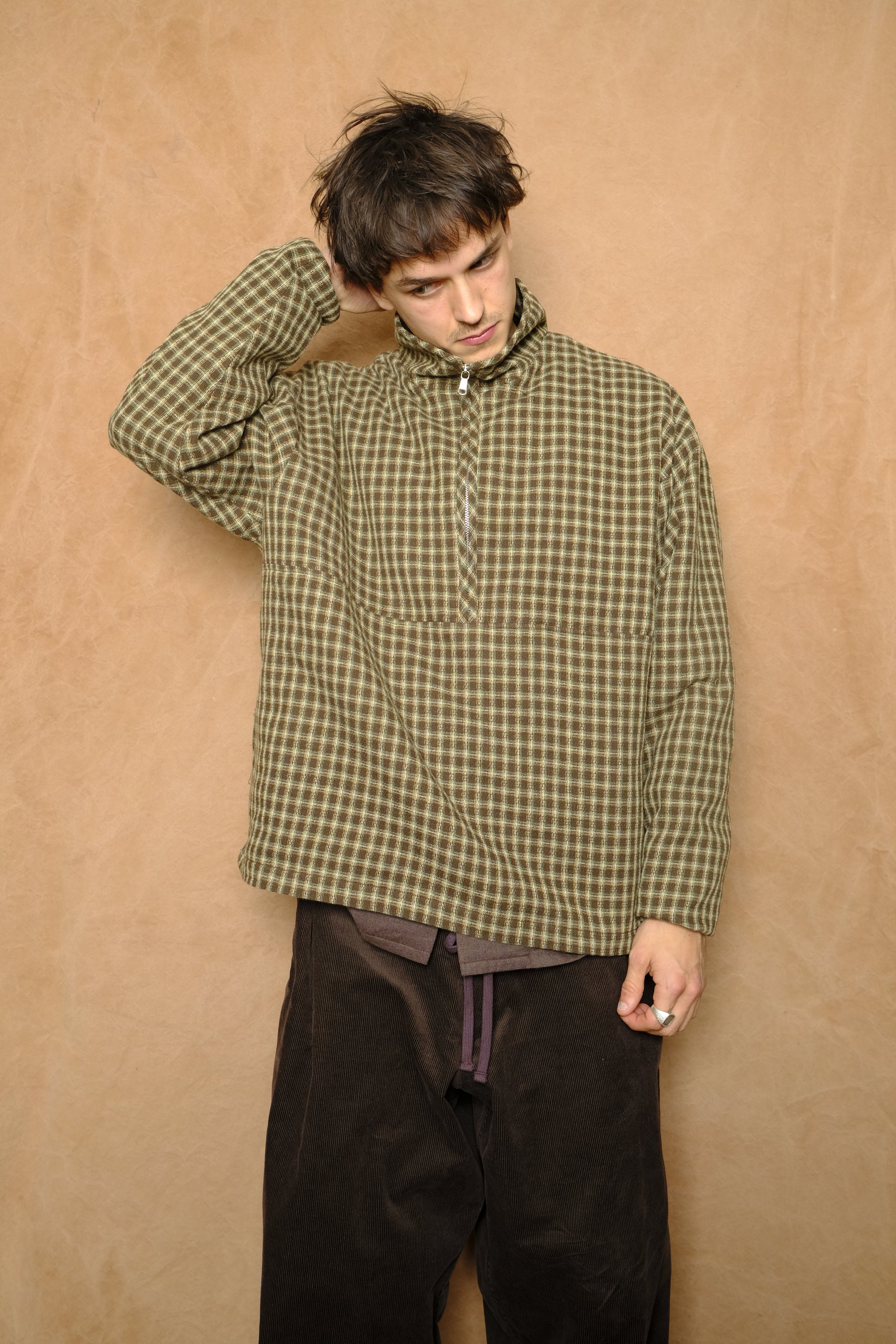 griddy half zip pullover in brown / green