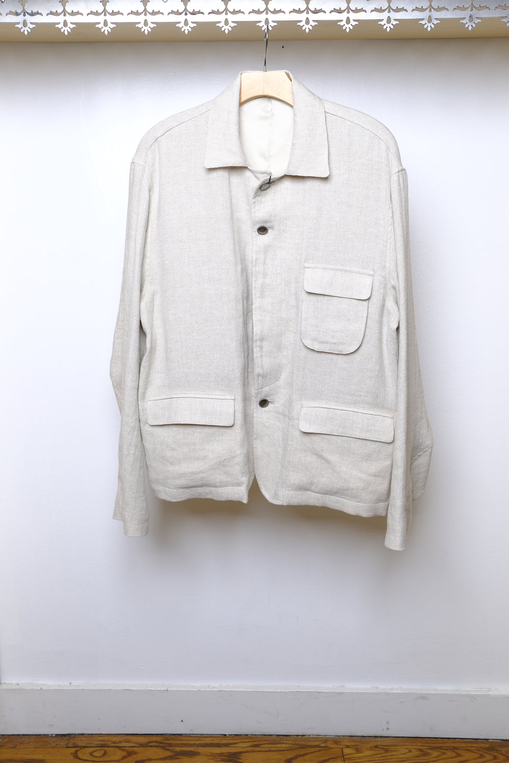 linen silk herringbone short blouson in beige