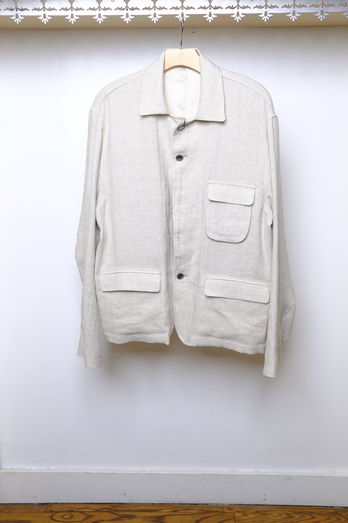 linen silk herringbone short blouson in beige