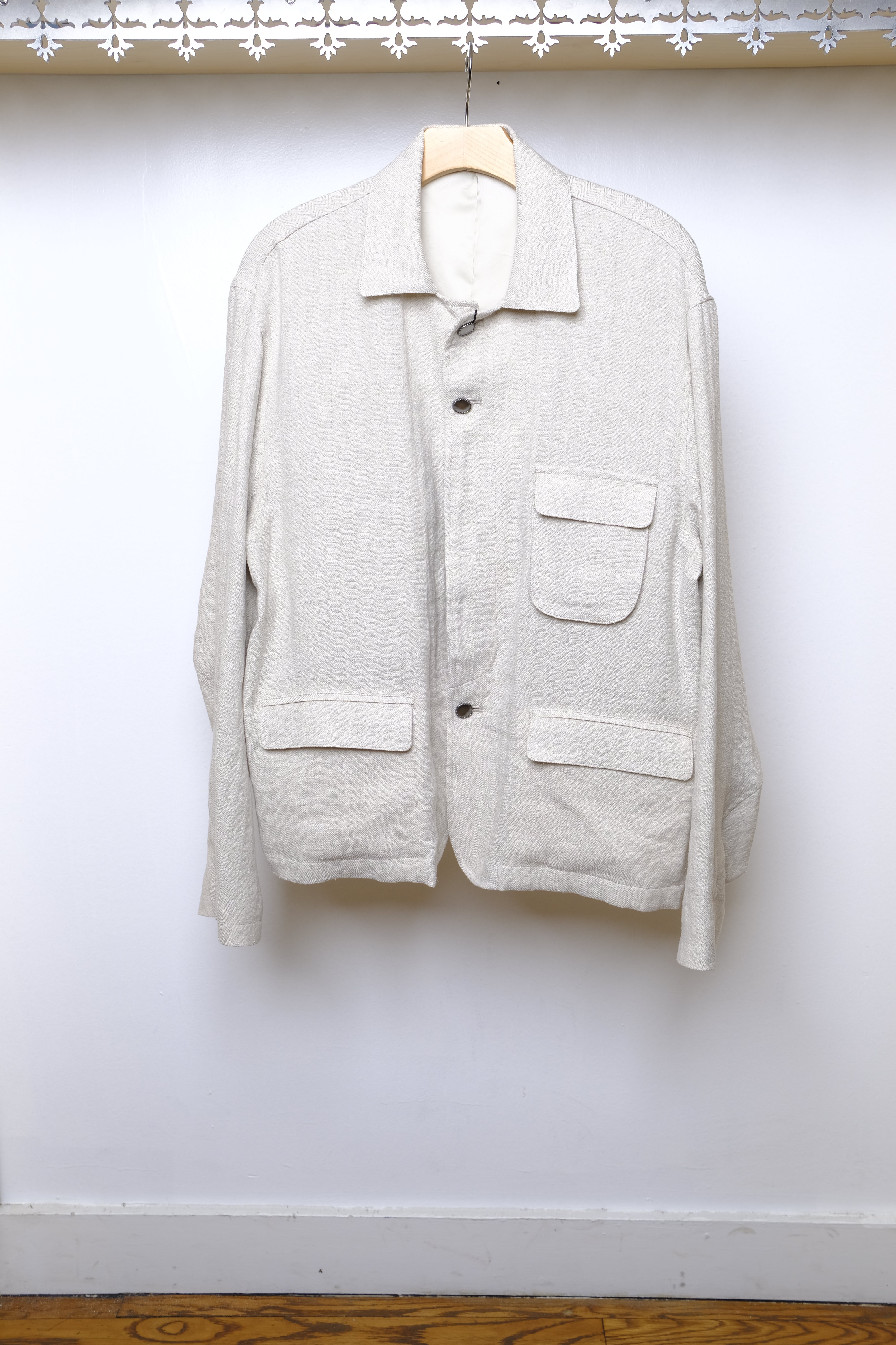 linen silk herringbone short blouson in beige