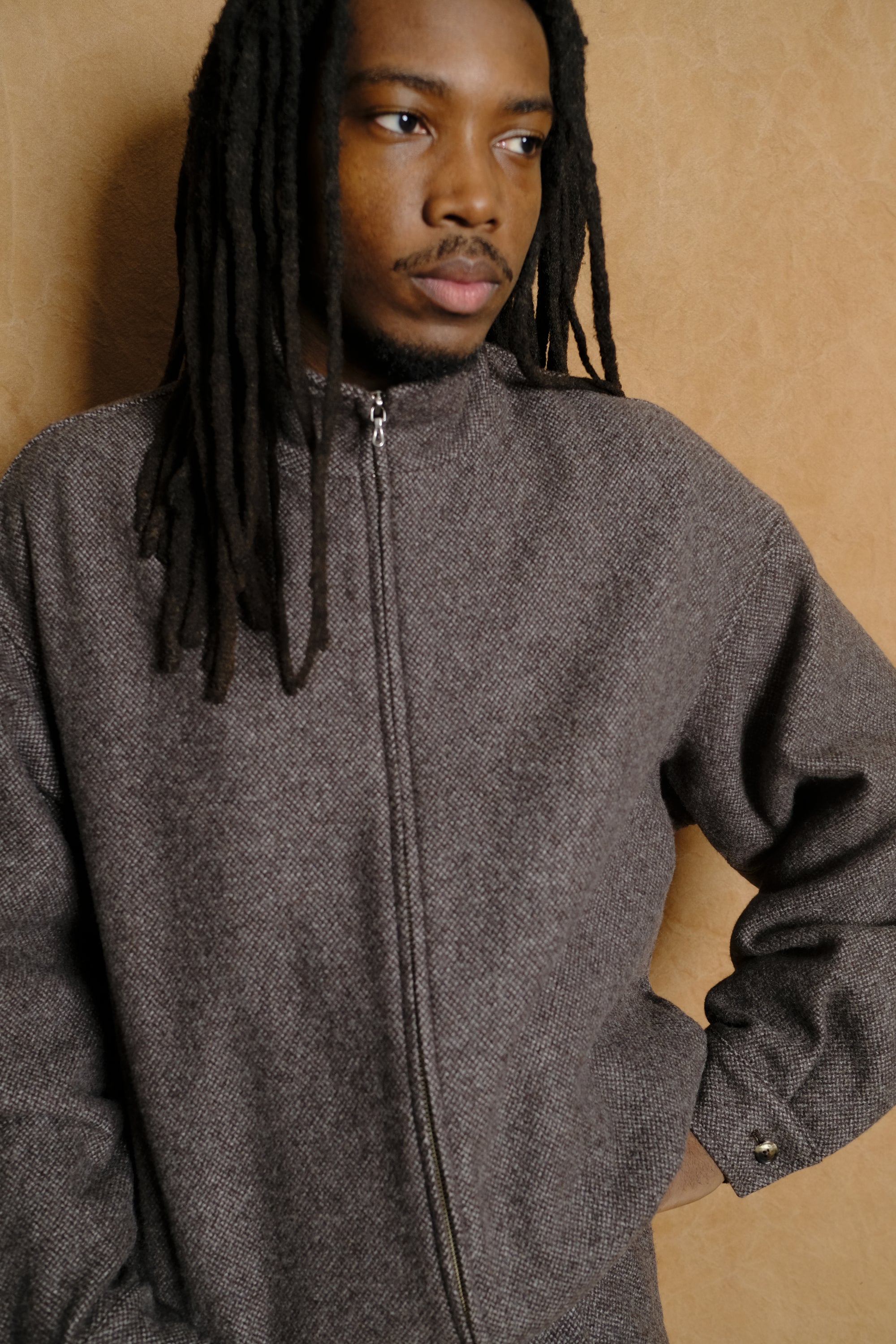 wool light tweed zip up blouson in brown