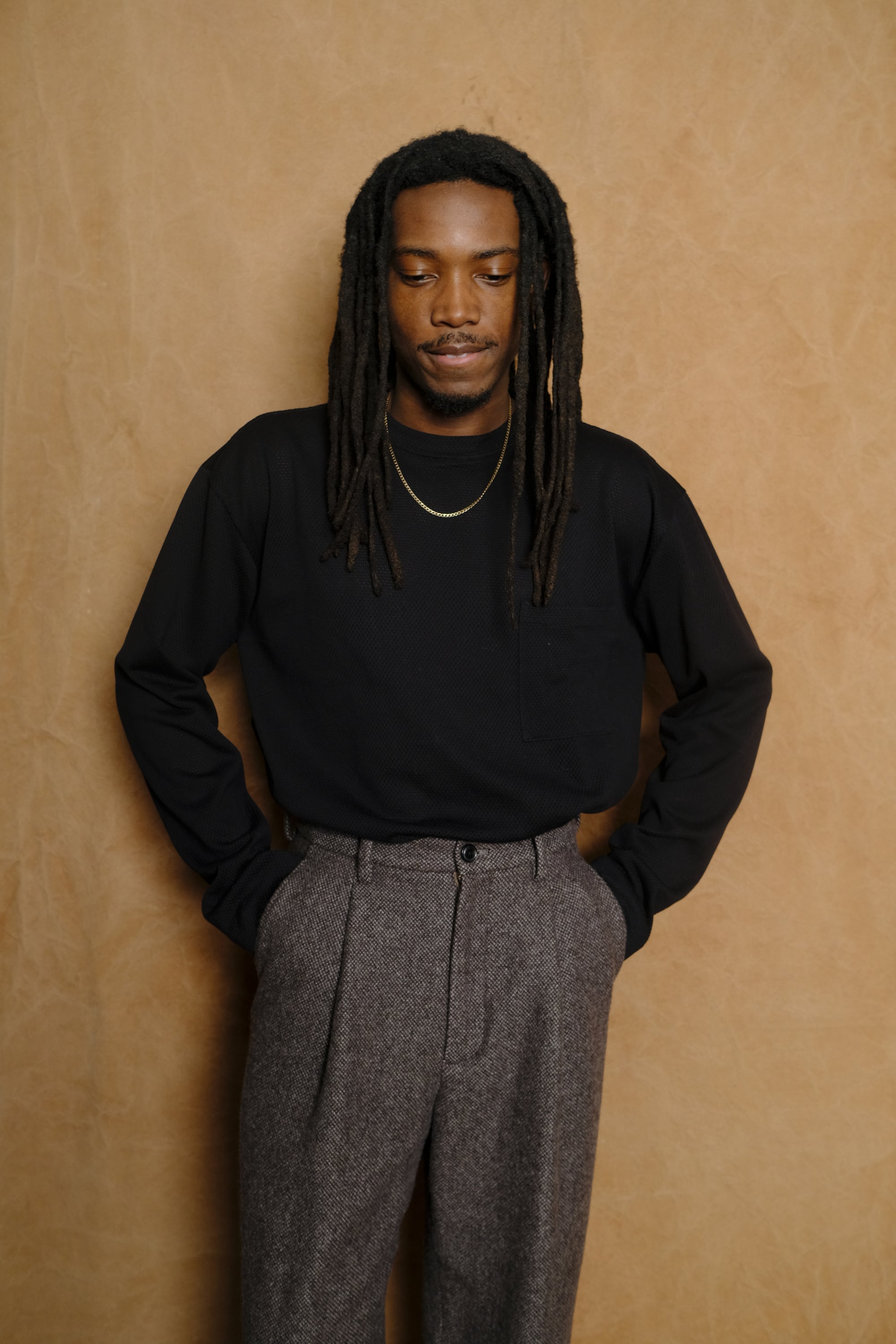 wool light tweed one tuck pants in brown